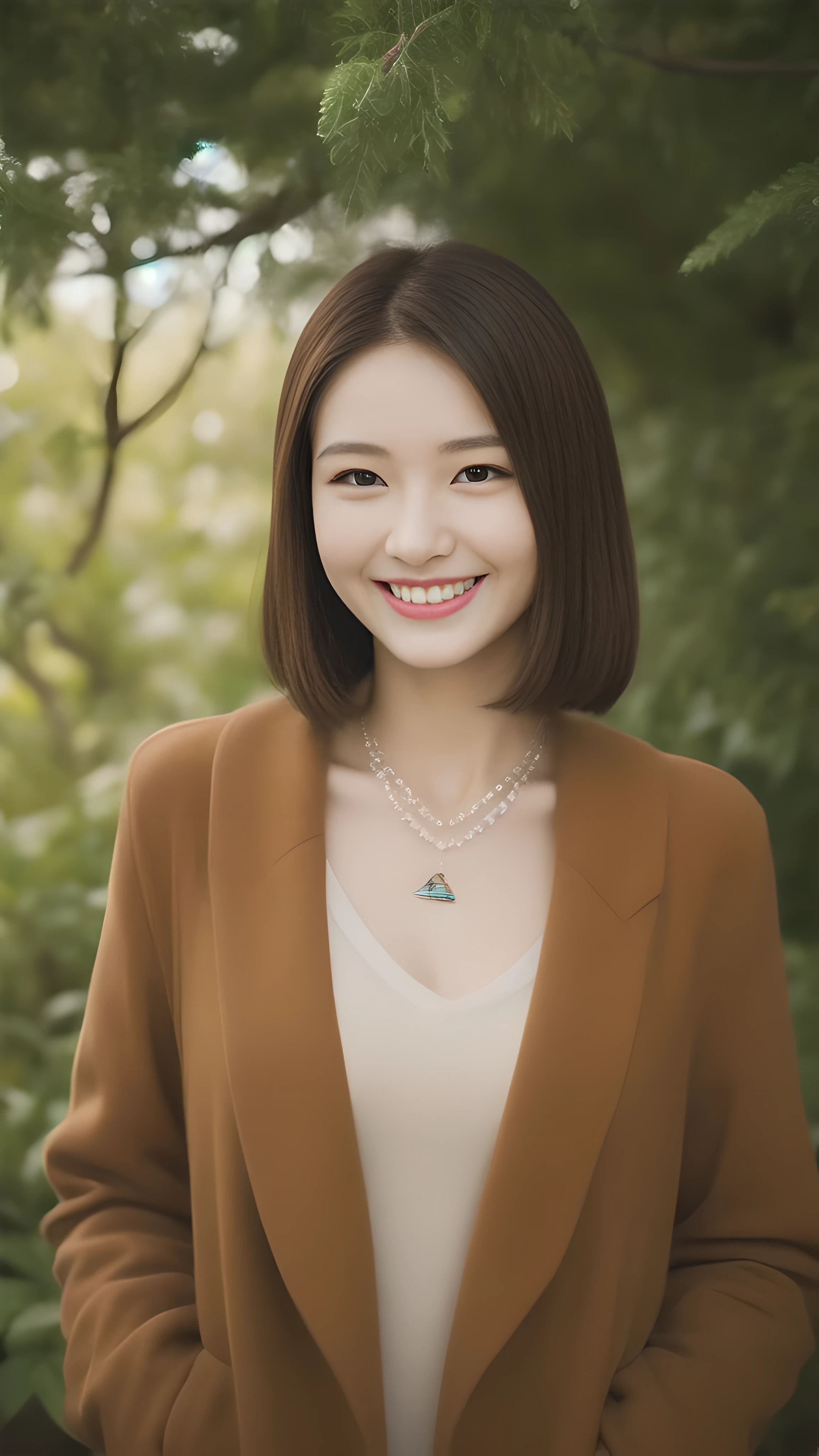 hostess'face、Winter clothes、high quality、surreal、healthy、笑face、Slender perfect figure、beauty of japan、 necklace、perfect eyes beautiful skin、Upper body、garden