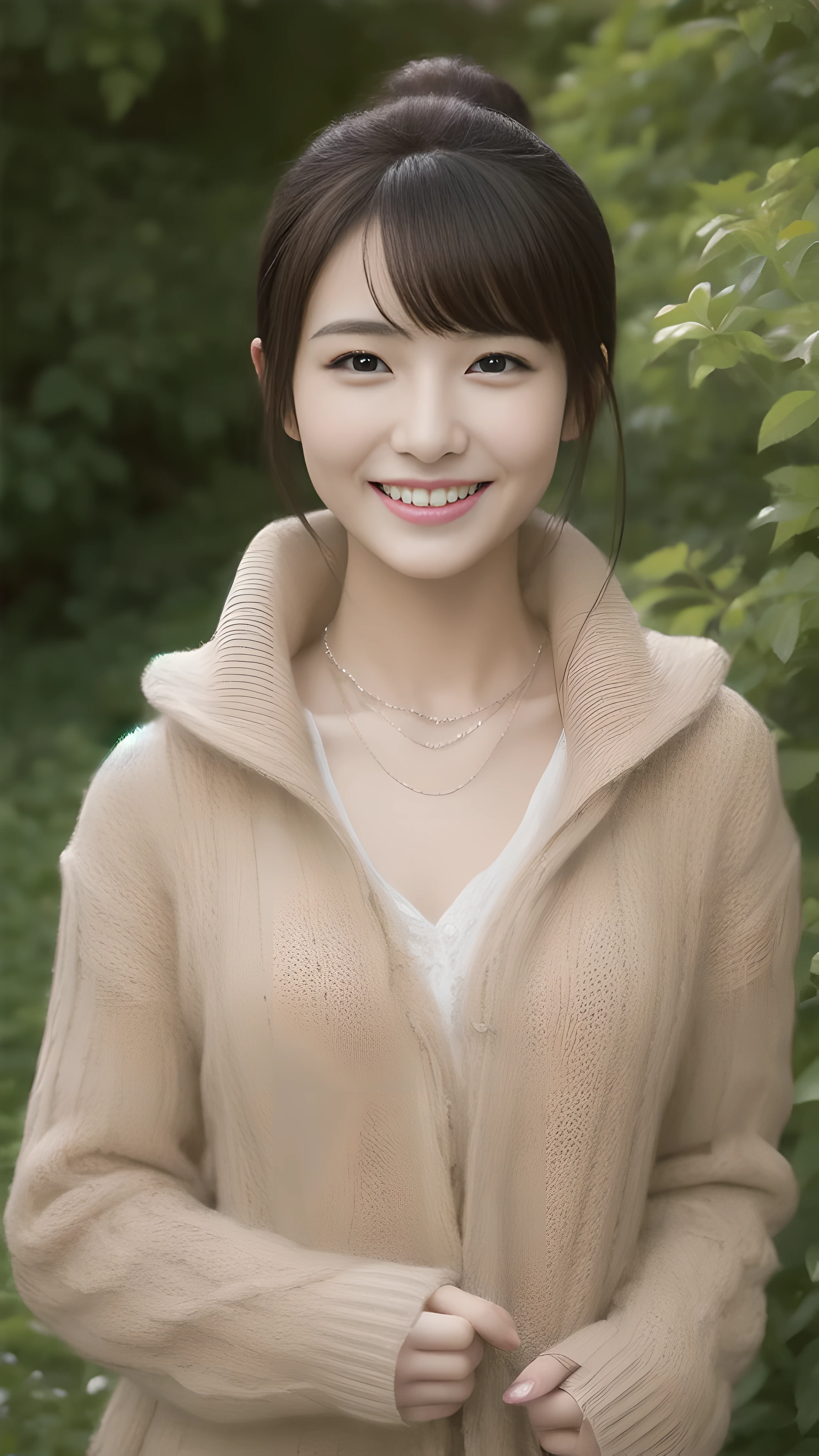 hostess'face、Winter clothes、high quality、surreal、healthy、笑face、Slender perfect figure、beauty of japan、 necklace、perfect eyes beautiful skin、Upper body、garden