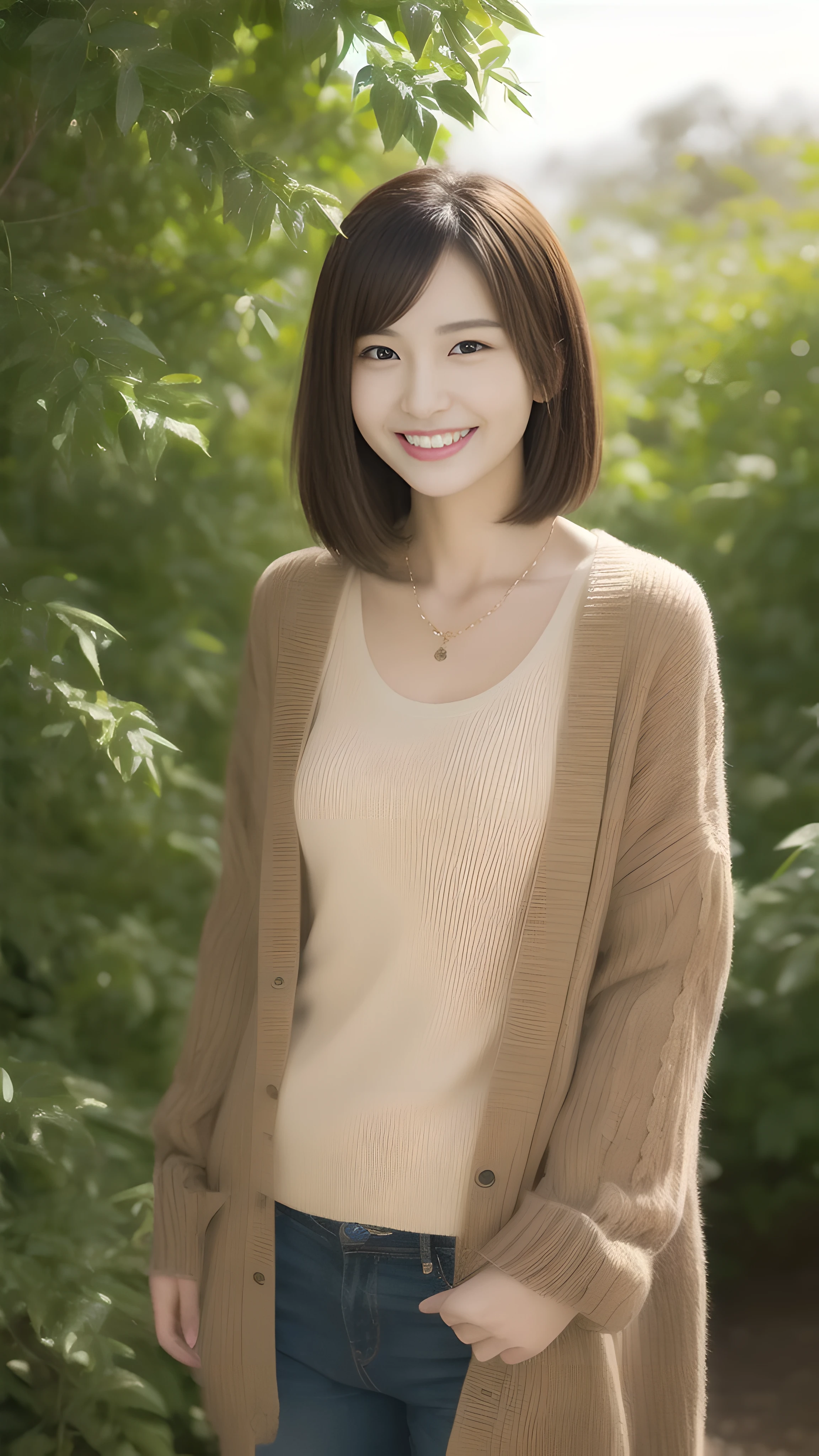 hostess'face、Winter clothes、high quality、surreal、healthy、笑face、Slender perfect figure、beauty of japan、 necklace、perfect eyes beautiful skin、Upper body、garden