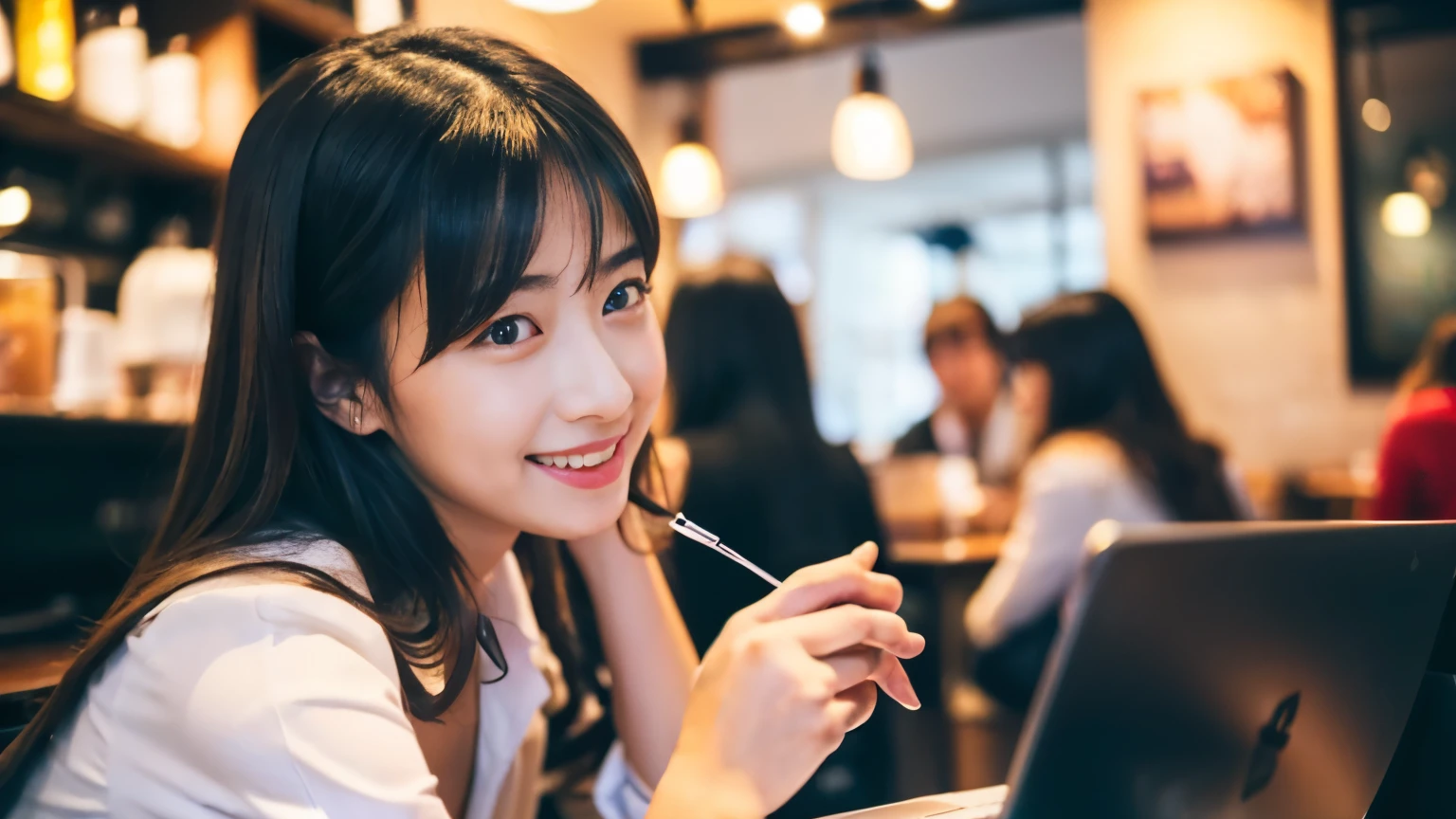((最high quality, 8k, masterpiece: 1.3)), perfect face,Inside a stylish cafe in New York、A scene in which a beautiful model-like woman with big breasts is drinking a latte and studying on a laptop.,All around you, you can see other customers enjoying their time.。At the back of the cafe、The staff are busy working at the counter.、You can feel the liveliness and stylish luxury that is typical of a city cafe., sharp focus, 1 girl, Sexy 1.2, , (big: 1.5), fine eyes, Beautiful eyes with long slits, double eyelid, (cat face), (cute Face), cute Smile, (close your mouth), (cute), soft skin, Show the whole body, surreal, super detailed, high quality, (Beautiful female college student studying in a cafe), ((詳細な非常にcute女子大生)), ((胸は隠れているけど服の上から解るぐらいbig胸))