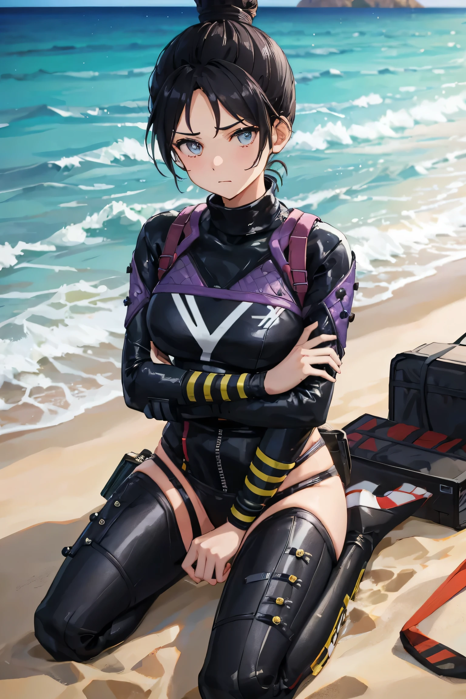 シングルヘアbun hair, bun hair, body suit,, nose piercing,, bikini,  beach