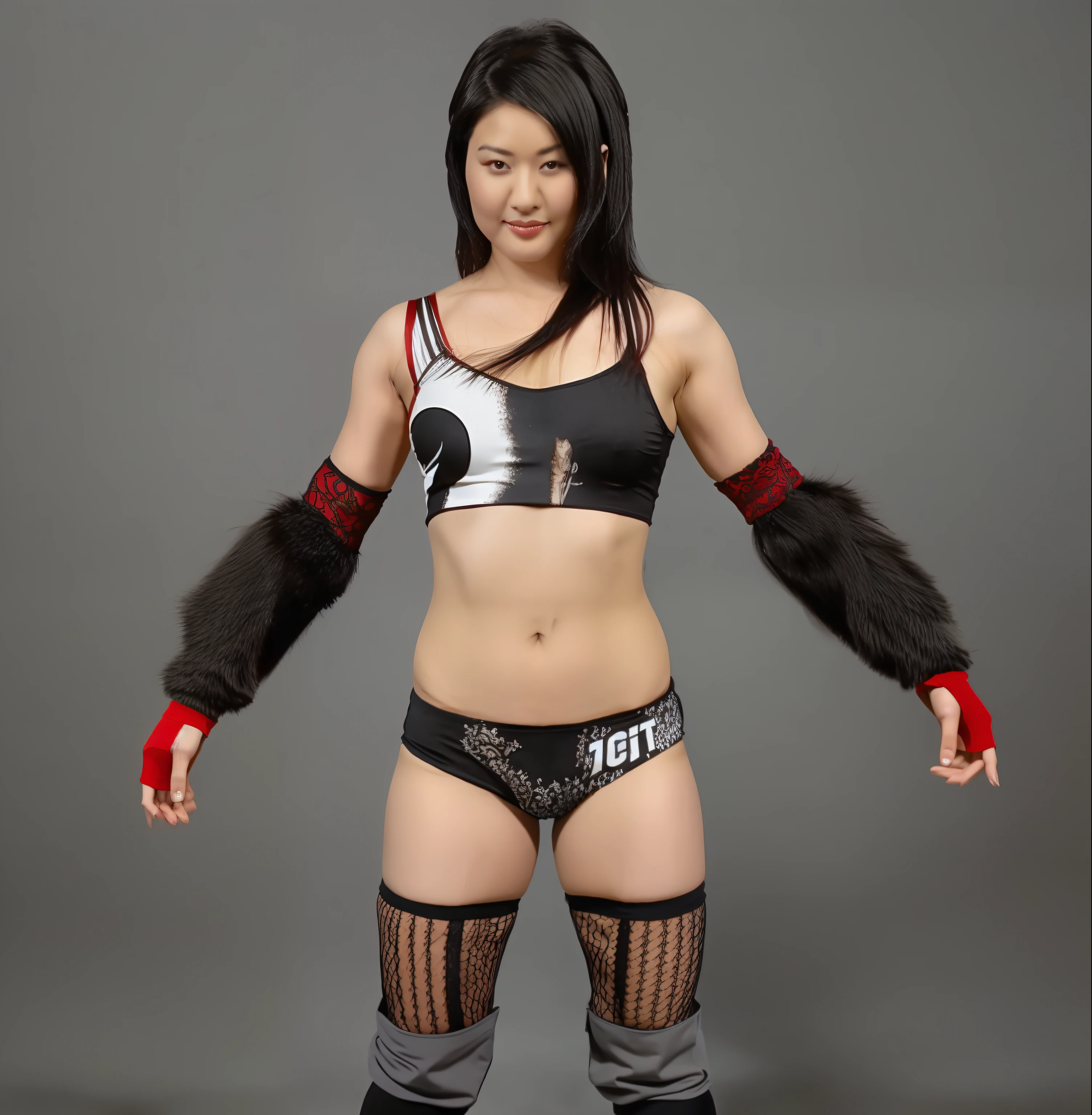 ((masterpiece, best quality)),asian woman with long black hair and a white streak down the side of hair, realistic face, realistic body, black wrestling top and tights with ripped leg stockings furry black armbands grey knee pads and red fingerless gloves , wrestler, southpaw stance, fighter pose, photo realistic, intricate details