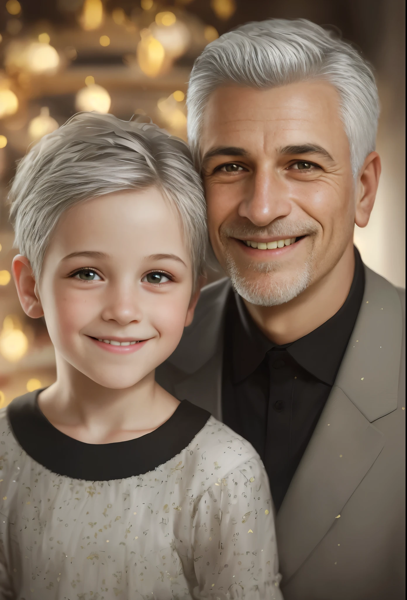 A high resolution, portrait, boy and girl with dark hair, 8 years, 28 years, light gray hair, short haircut, Yellow eyes, smile, crown, portrait, Ballroom in the background, realism, fantasy