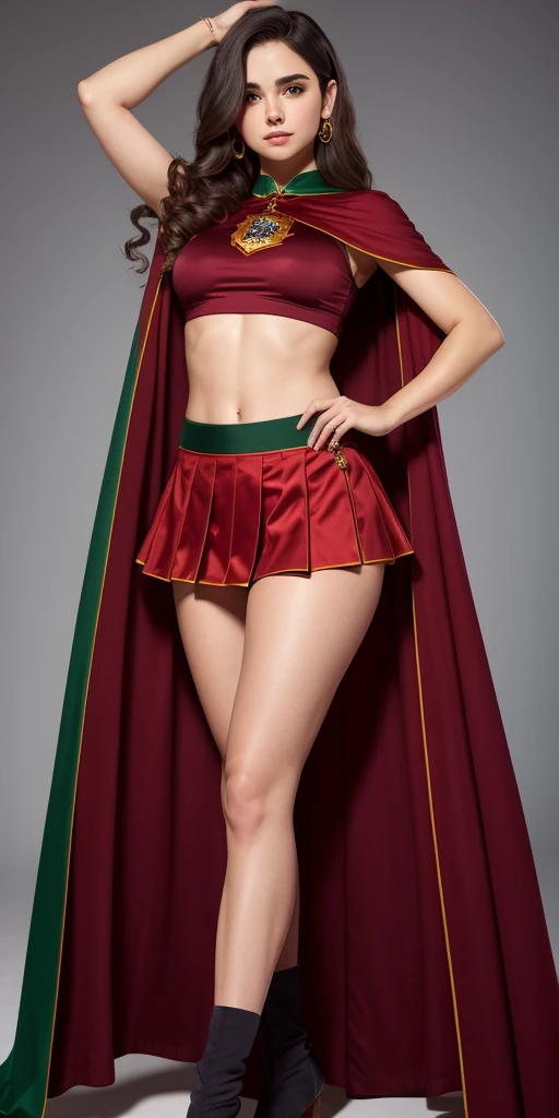 melhor qualidade, garota linda, rosto perfeito, Perfect body with a Gryffindor Harry Potter mini skirt and cape and a gray crop top, seios perfeitos, no fundo o castelo de Hogwarts de Harry Potter