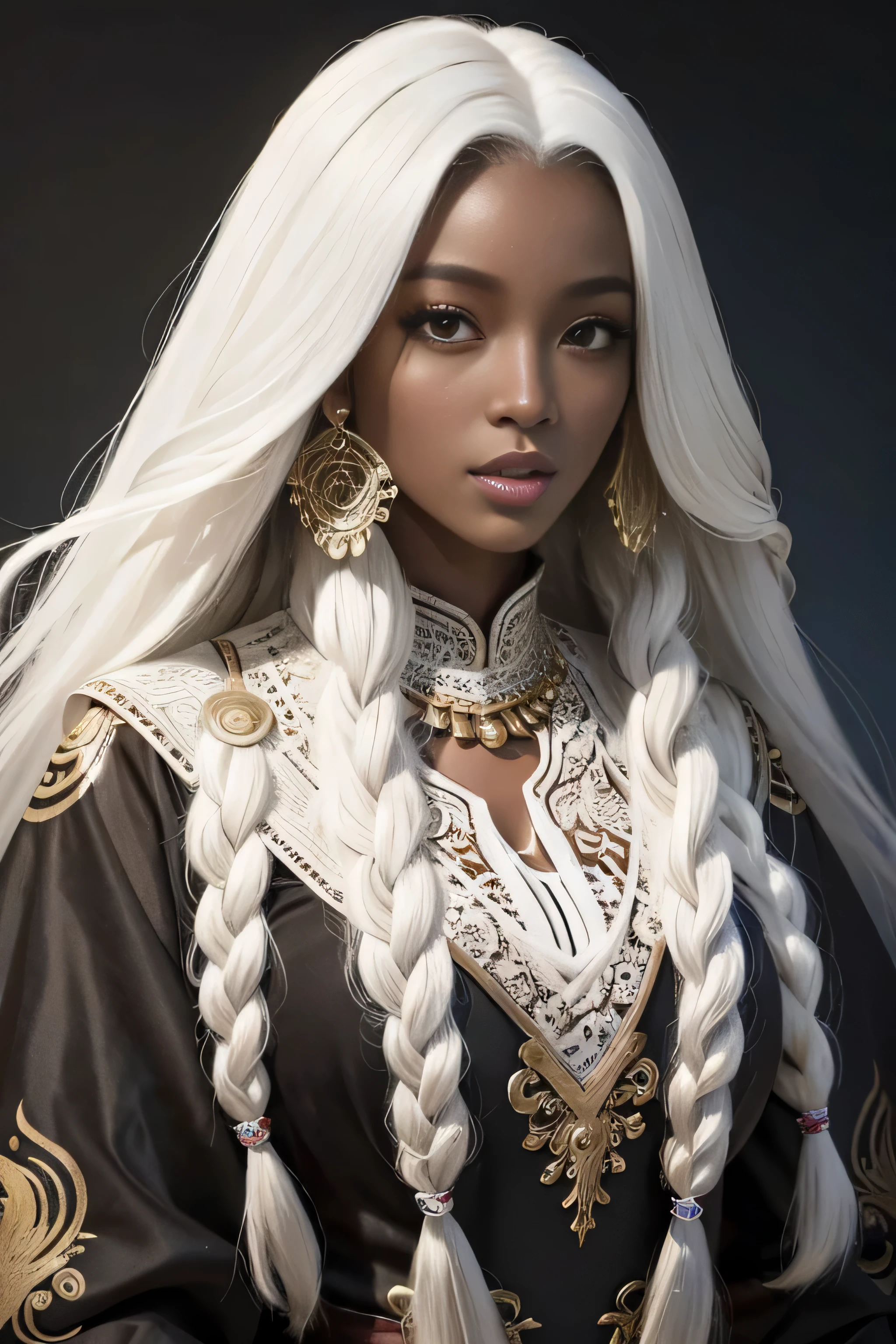 masterpiece, best quality, beautiful 35 year old, ebony skin female, long wild, frizzy white curly hair, perfect face, exquisite clothes, half body, long white hair