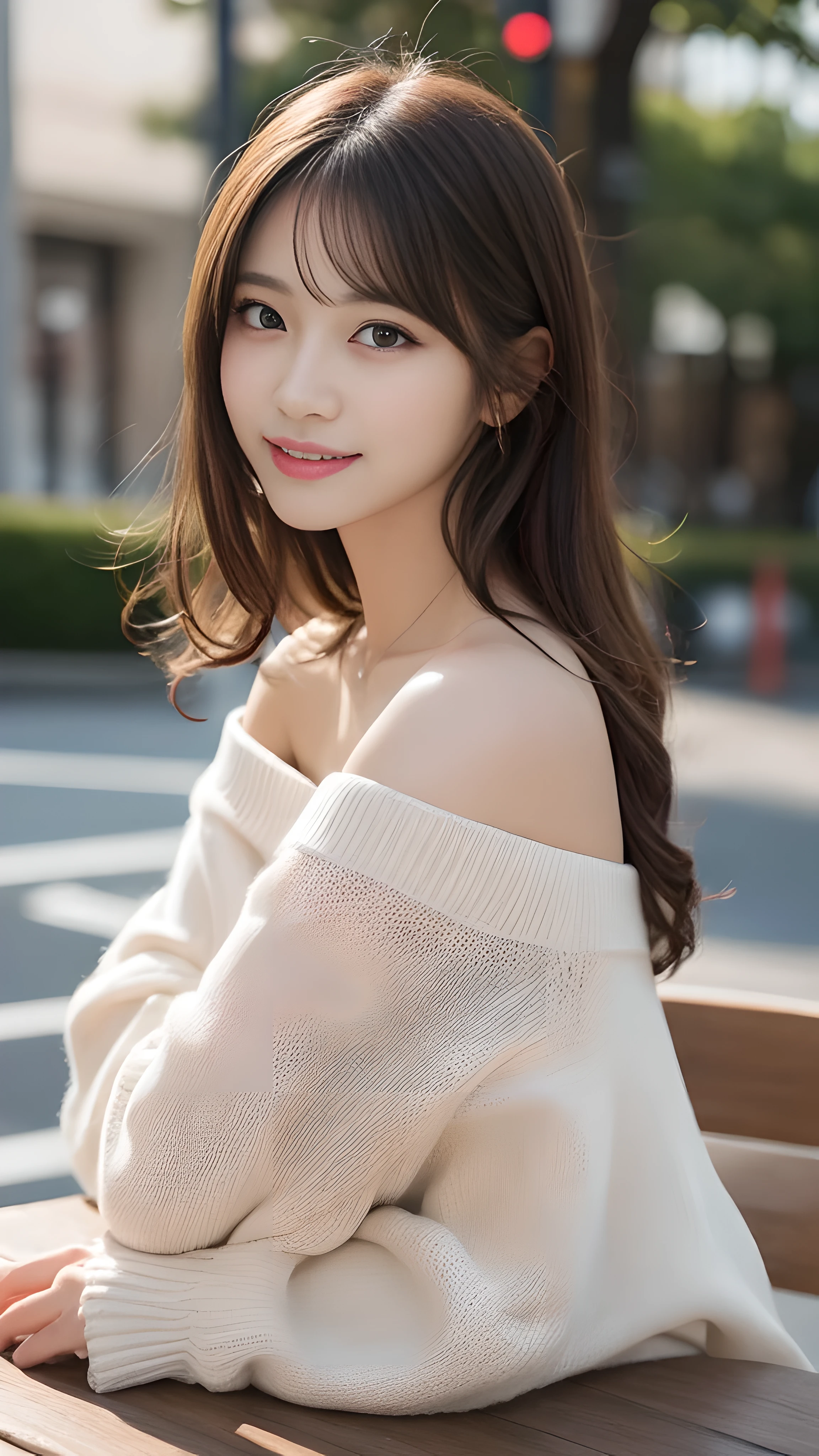 table top, highest quality, shape, Super detailed, finely, High resolution, 8k wallpaper, 完璧なダイナミックな構shape, finelyて美しい目, off shoulder knit ladies&#39;S fashion,wavy hair,、natural color lip, bold sexy pose,smile,Harajuku、20 year old girl、cute、sexy shot looking at camera,Ultra-realistic raw photos