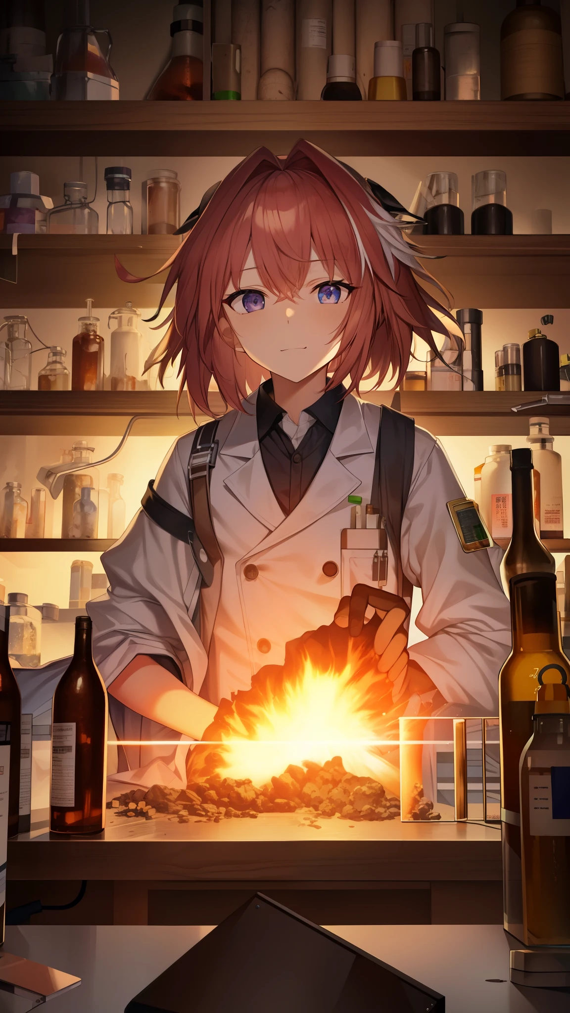 The smell of pills or liquid fills the air、Laboratory full of chemicals。There are many things in the medicine cabinet.々Medicines of different colors and shapes are neatly lined up.、It is a secret treasure trove packed with researchers' knowledge and discoveries.。With a wide range of medicines available、Research tools are arranged in an orderly manner to fulfill their roles.、It serves as a stage for experiments.。A researcher of destruction wears a white coat、In this laboratory, which is visited by black doctors and blackmail doctors,、Forbidden research is underway。Researchers wearing white coats、He spends all his time experimenting day and night to gain knowledge and danger.、The research results are often astonishing.。but、Sometimes experiments that go too far cause explosions.、The entire laboratory may be engulfed in chaotic smoke and sparks.。Destruction researchers explore dangerous territory at the edge of knowledge.、During this process, the experiment may go out of control.。Consequently、The laboratory is hit by an uncontrolled explosion.、Secret research is temporarily shrouded in darkness.。Laboratory full of chemicalsは、As a place for intellectual exploration and dangerous challenges、controlled by researchers of destruction。Knowledge and forbidden experiments hidden inside a white coat、Occasionally makes its presence known in the form of violent explosions.。