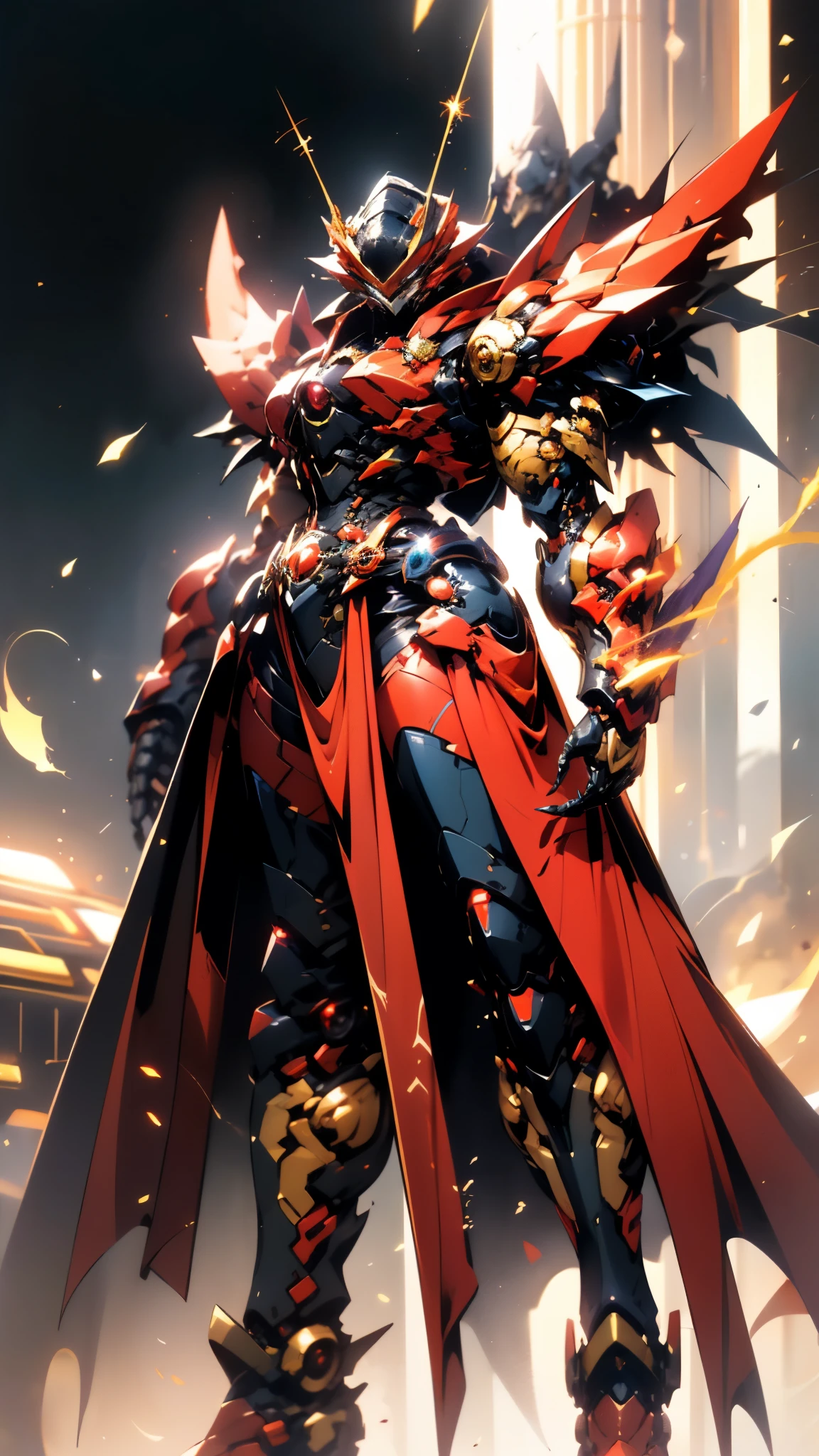 A woman adorned in fantasy-style full-body armor, a crown-concept fully enclosed helmet that unveils only her eyes, a composite layered chest plate, fully encompassing shoulder and hand guards, a lightweight waist armor, form-fitting shin guards, the overall design is heavy-duty yet flexible, ((the armor gleams with a golden glow, complemented by red and blue accents)), exhibiting a noble aura, she floats above a fantasy-surreal high-tech city, this character embodies a finely crafted fantasy-surreal style armored hero in anime style, exquisite and mature manga art style, (Queen bee mixed with Spider concept Armor, plasma, blood), ((Element, energy, elegant, goddess, femminine:1.5)), metallic, high definition, best quality, highres, ultra-detailed, ultra-fine painting, extremely delicate, professional, anatomically correct, symmetrical face, extremely detailed eyes and face, high quality eyes, creativity, RAW photo, UHD, 32k, Natural light, cinematic lighting, masterpiece-anatomy-perfect, masterpiece:1.5