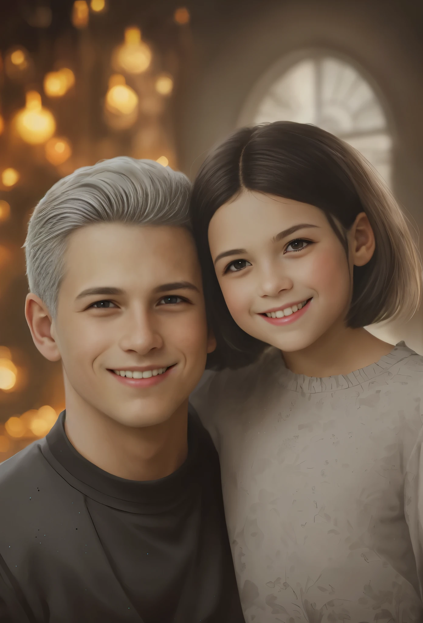 High resolution, portrait, boy and girl with dark hair, 8 , light gray hair, short haircut, yellow eyes, smile, crown, portrait, ballroom in the background, realism, fantasy