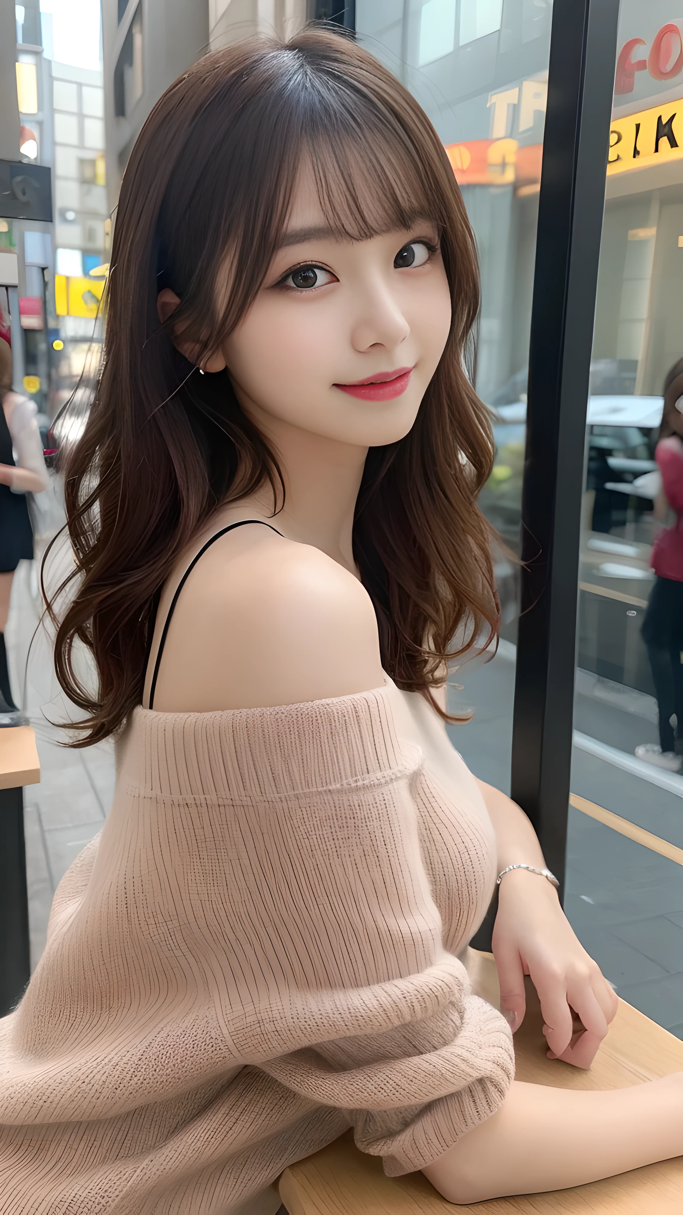 table top, highest quality, shape, Super detailed, finely, High resolution, 8k wallpaper, 完璧なダイナミックな構shape, finelyて美しい目, off shoulder knit ladies'S fashion,wavy hair,、natural color lip, bold sexy pose,smile,Harajuku、20 year old girl、cute、sexy shot looking at camera,Ultra-realistic raw photos
