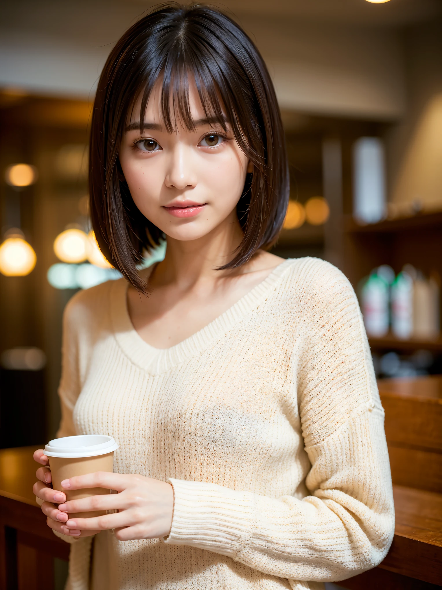 highest quality, face focus, soft light, ultra high resolution, (realistic:1.4), RAW photo,
1 Japanese girl, alone, cute, (pupil, There&#39;There&#39;s a light in my eyes),  detailed beautiful face, (),(High resolution details of human skin texture),
indoor,
damask shirt dress,
(portrait)  高精細にpupilにフォーカス　smile　　see through bang　　　((white thick elegant half neck knit sweater))　Old Coffee Shop　　The background is the main character　wide and deep background　Old Coffee Shopがテーマです　thin eyebrows　beautiful breasts　very cute　beautiful fair skin　beautiful hair　　(Very stylish and beautiful straight bob hair:1.3)  see-through bangs