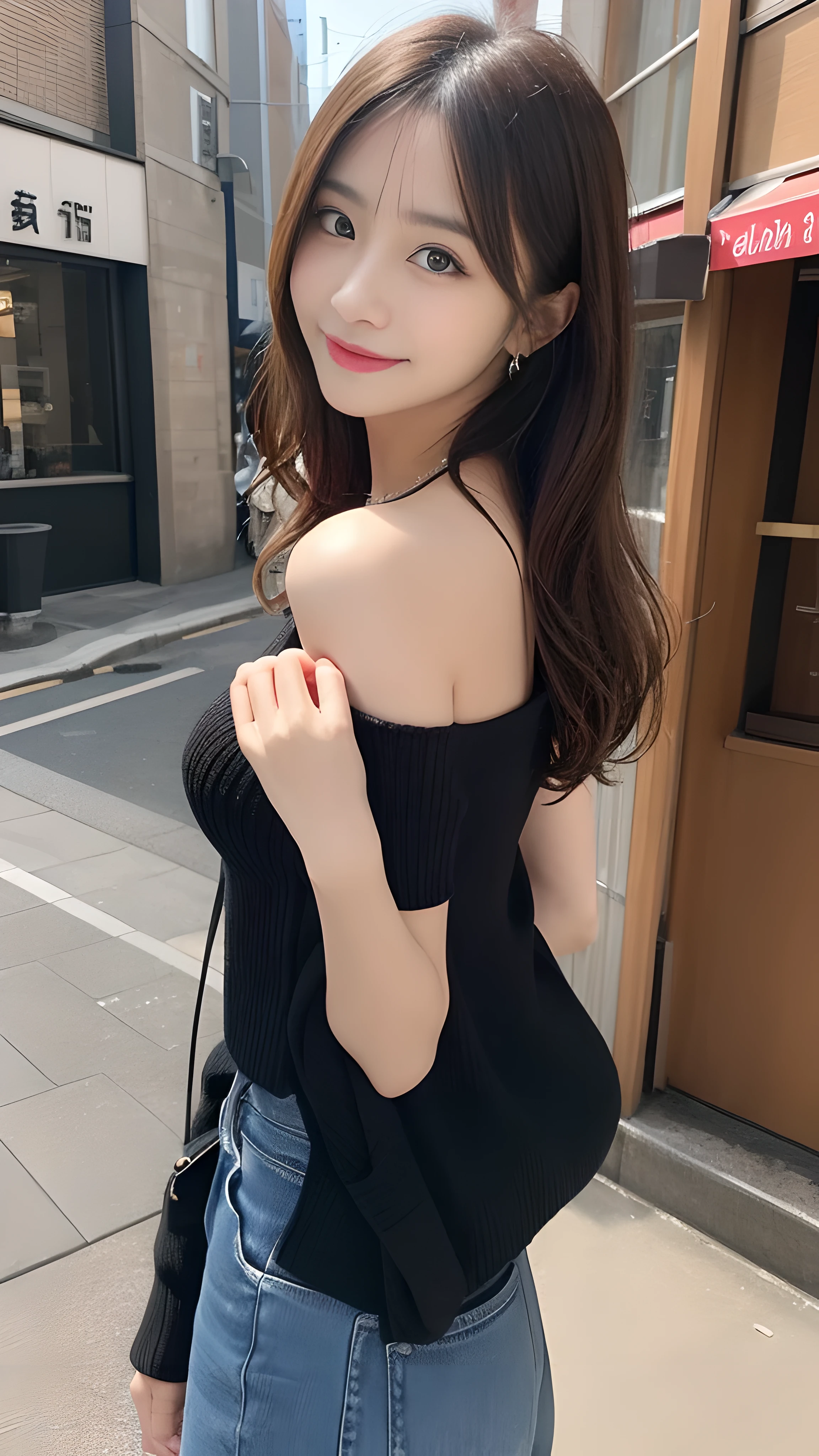 table top, highest quality, shape, Super detailed, finely, High resolution, 8k wallpaper, 完璧なダイナミックな構shape, finelyて美しい目, off shoulder knit ladies&#39;S fashion,wavy hair,、natural color lip, bold sexy pose,smile,Harajuku、20 year old girl、cute、sexy shot looking at camera,Ultra-realistic raw photos