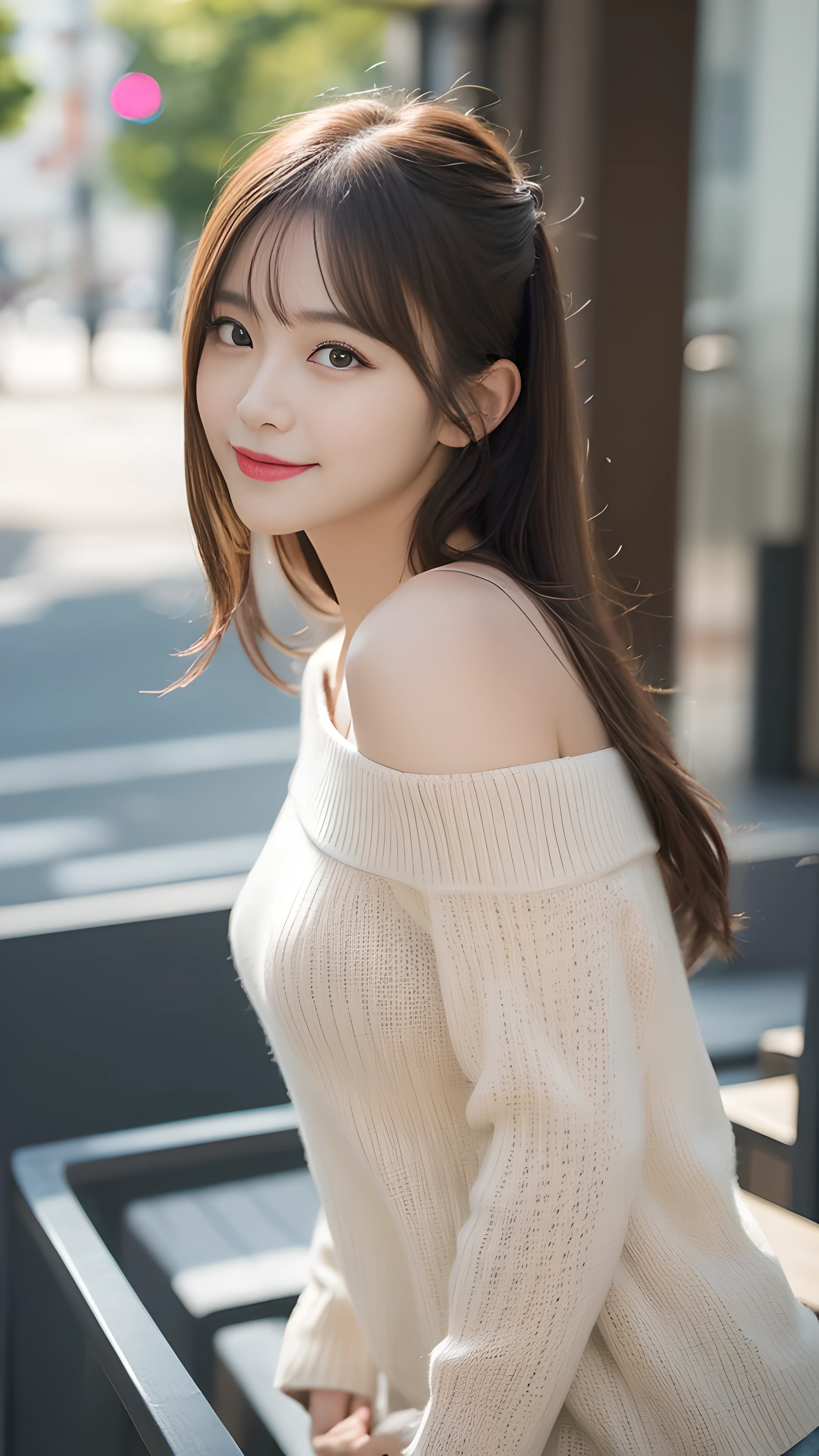 table top, highest quality, shape, Super detailed, finely, High resolution, 8k wallpaper, 完璧なダイナミックな構shape, finelyて美しい目, off shoulder knit ladies&#39;S fashion,wavy hair,、natural color lip, bold sexy pose,smile,Harajuku、20 year old girl、cute、sexy shot looking at camera,Ultra-realistic raw photos