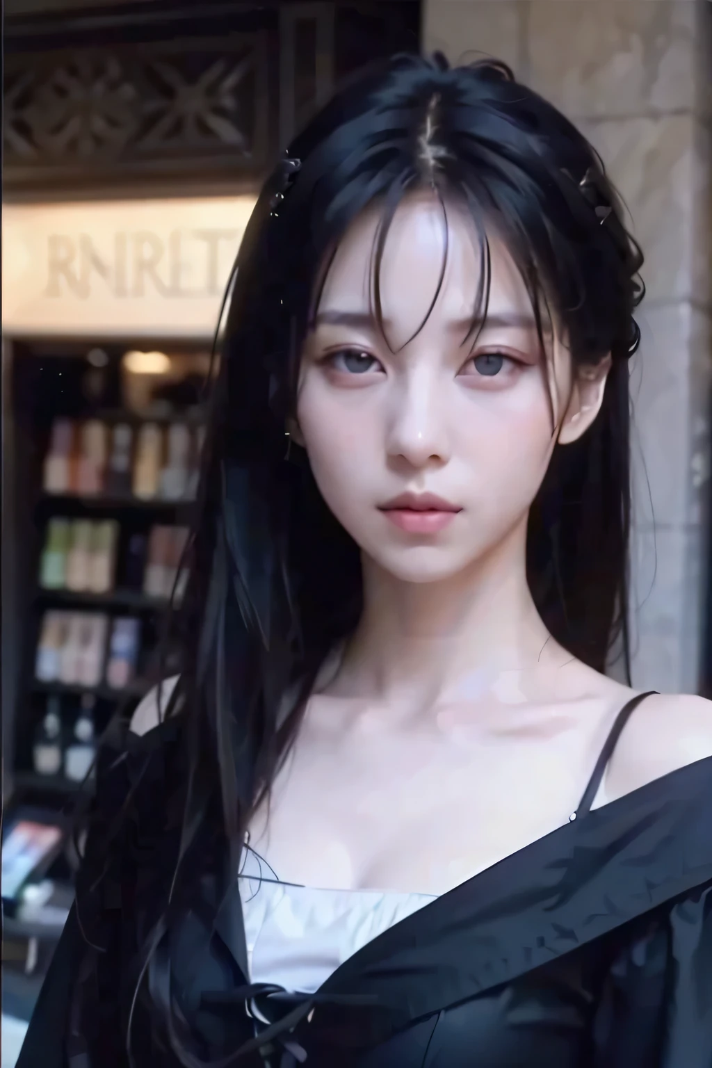 ８ｋ、High resolution、Kanban Lady、beautiful girl、gothic costume、young、white skin,、narrow eyes,high nose,lighting that illuminates the face、clear image、intellectual beauty、skinny、no makeup、anxious look、lighting that illuminates the face,shining hair、single eyelid,blue eyes、at shop、vivid pose、female clerk