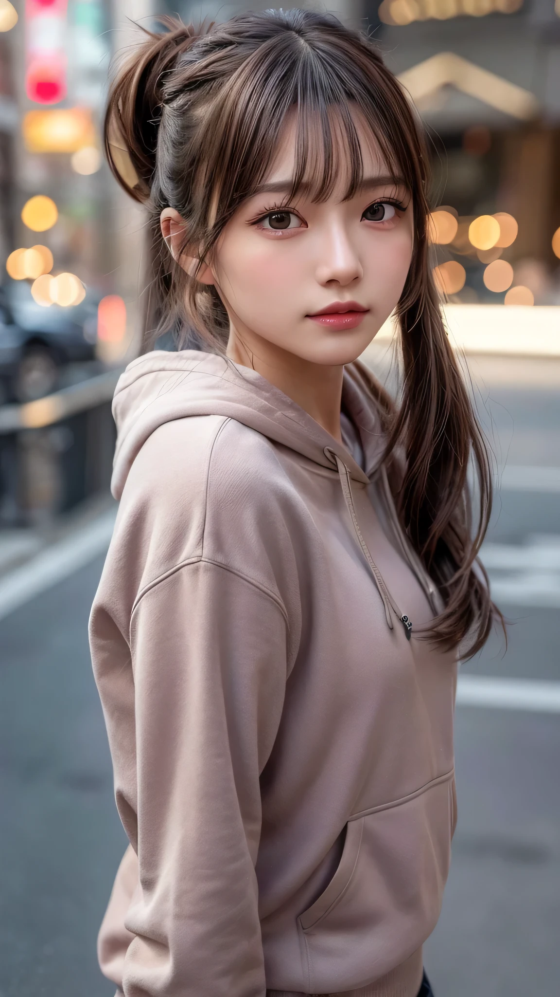 blush,,small breasts,winter,european cityscape,night,long hair ponytail,outdoors,warm winter clothes,wearing a hoodie with a hood,close up of face,((8K, Raw photo, best quality, muste piece:1.2), (Reality, photorealistic:1.4), (Highly detailed 8K wallpaper), Depth of the bounds written, cinematic lighting, soft light, detailed beauty eye,Shiny and smooth light brown ponytail, asymmetrical bangs, shiny skin, super detailed skin ,high resolution, high detail, detailed hairstyle, detailed beauty face, hyper real, perfect limbs, perfect anatomy ,1 Japanese girl,famous japanese idol, perfect female body,shy smile,short eyelashes,double-edged eyelids,look straight here,Hair style is ponytail,