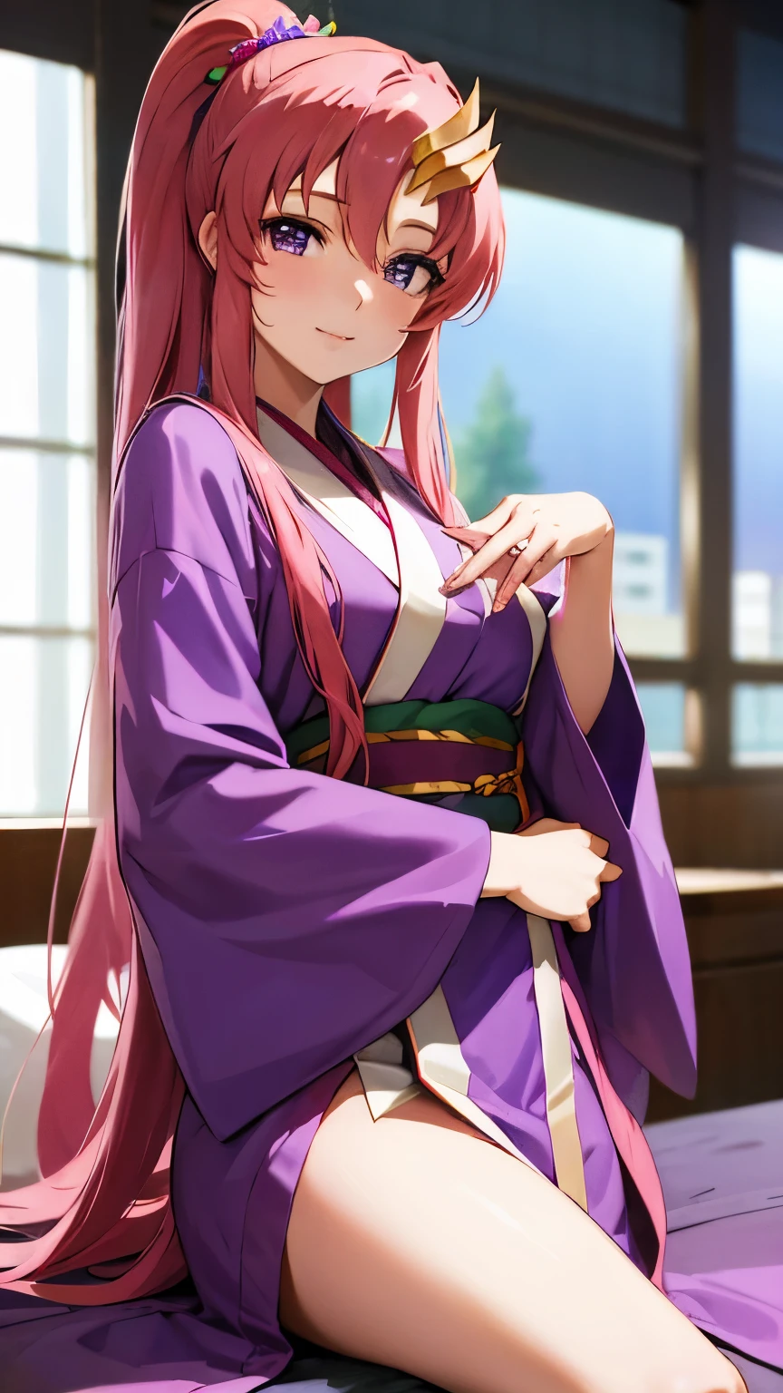 Lacus Clyne,(purple eyes:1.1),hair ornaments,long hair,ウェーブhair ornaments,pink hair,kimono,masterpiece,highest quality,High resolution,Hotel