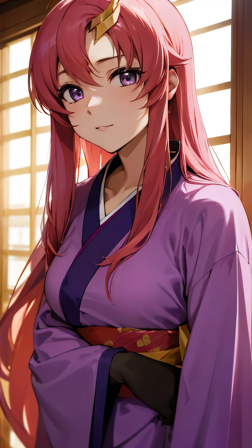 Lacus Clyne,(purple eyes:1.1),hair ornaments,long hair,ウェーブhair ornaments,pink hair,kimono,masterpiece,highest quality,High resolution,Hotel