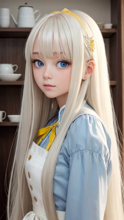 bright look、photorealism、highest quality、超A high resolution、picture、Photo of an exquisitely beautiful Scandinavian girl、extraordinary beautiful girl、cute and beautiful face details、(Pueros face_v1:0.008)、beautiful bangs、alice in wonderland、18-year-old、Shining white skin、hair run that extends to the face、bangs between the eyes、super long hair、Charming light and dark platinum blonde super long straight silky hair、thin hair、Charming shining beautiful bright clear light blue big eyes、white apron、yellow dress、eyeliner、double eyelid、rich bust