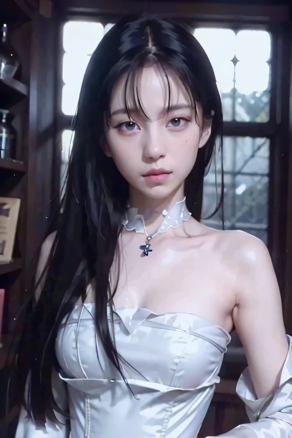 ８ｋ、High resolution、Kanban Lady、beautiful girl、gothic costume、young、white skin,、narrow eyes,high nose,lighting that illuminates the face、clear image、intellectual beauty、skinny、no makeup、anxious look、lighting that illuminates the face,shining hair、single eyelid,blue eyes、In the store、vivid pose、female clerk