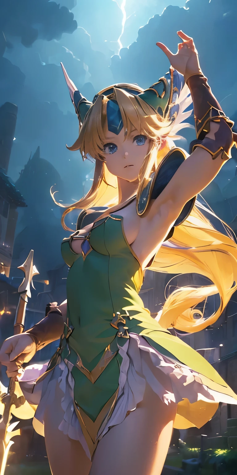 (masterpiece, best quality:1.3), Riesz, Seiken Densetsu 3, 1 girl, (cowboy shot:1.3), (looking at viewer:1.3), (using a long spear, in battle pose:1.3), (cinematic lighting:1.5), (medieval city, dark, battle, epic, war, fire, is in night:1.3),