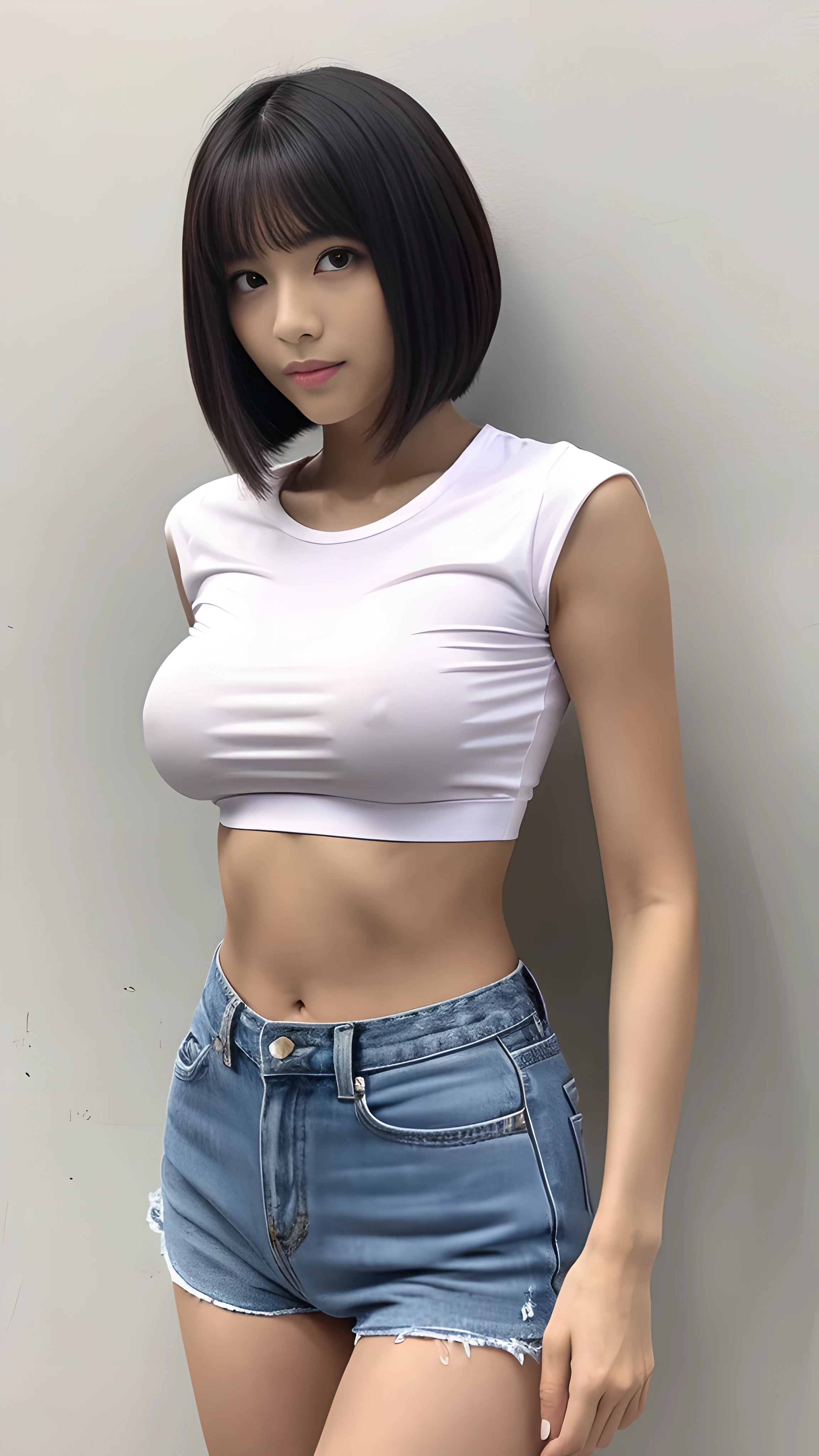 30 generation women, very short hair, face without makeup, silky white skin, sexy, thin waist, white t-shirt, background white wall