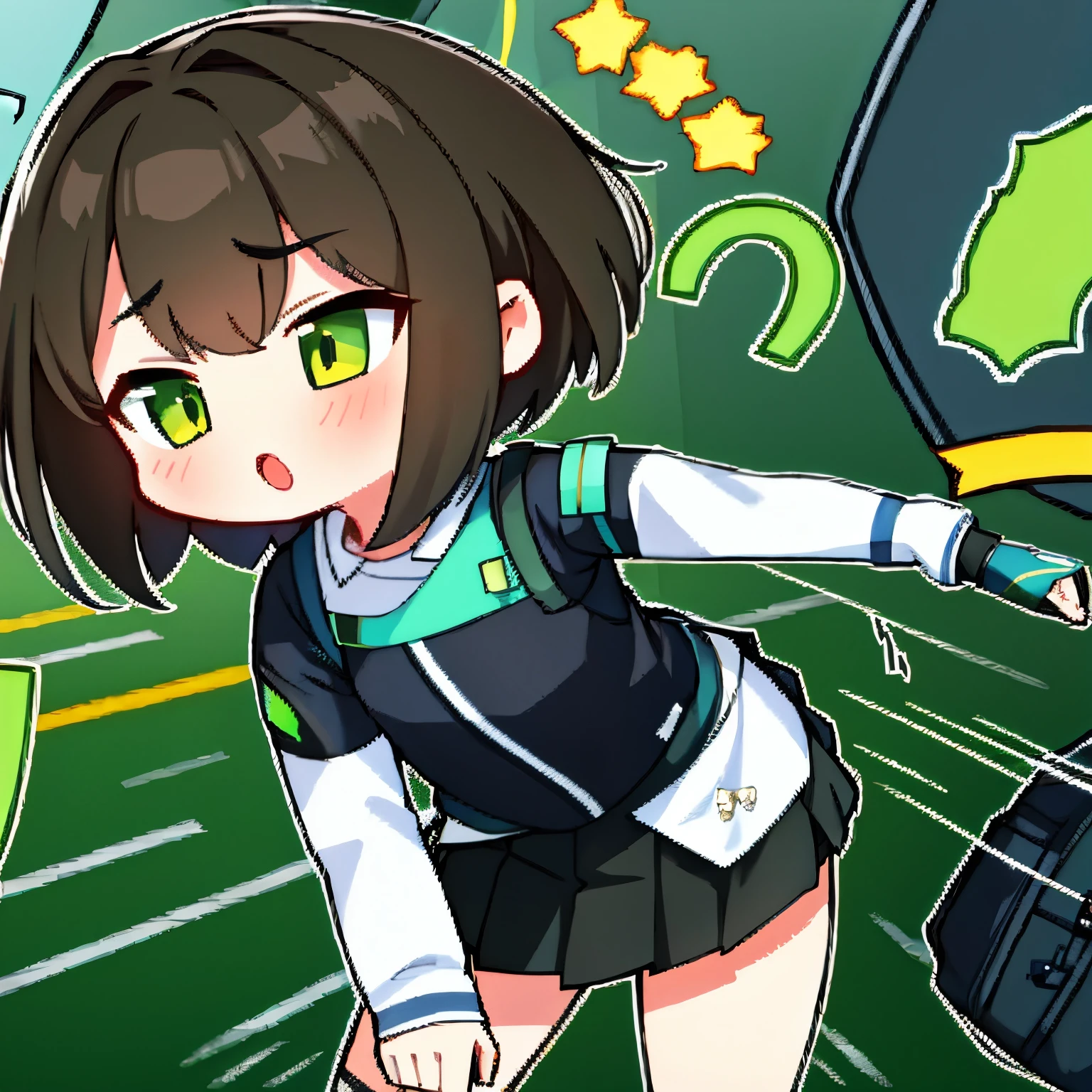 brown-haired, green eyes, white shirt, black skirt, cute tomboy girl, 1girl