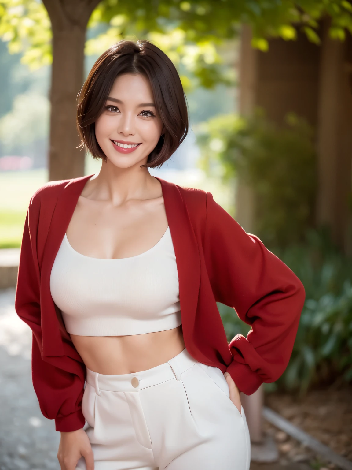 （38 years old), （black wool jacket）,（white wool pants）、（white ruffle blouse）, double eyelid, eyelash, Red lip gloss, (smile:1), ((close your eyes:0.85)), (looking at the viewer、Are standing), (From above:0.2)、尖ったred mouth、(reddish brown wet shiny short hair),red mouth,clavicle、 (Photoreal:1.3),(RAW photo）,(woman standing in front of an old castle, Beautiful lawn, squirt, Bright sunshine in the city of Modena, Italy) , 8k, Super detailed, highest quality, rough skin, anatomically correct, masterpiece , highest quality, cinematic lighting, Use perspective throughout , surrealism , ,(realistic:1. 3),(RAW photo) , black hair, light smile, short hair, bob cut, anaglyph, stereogram, (mature woman:1), (38 years old), ((close:0.5)), glare, double eyelids, lip gloss, (smile:1), ((close your eyes:0.85)), red mouth, clavicle, ((looking at the viewer)), (short hair of reddish-brown color wet and shiny,), (I can see the whole body) , Slightly thick body type , wide eyed , perfectly round eyes , fine texture