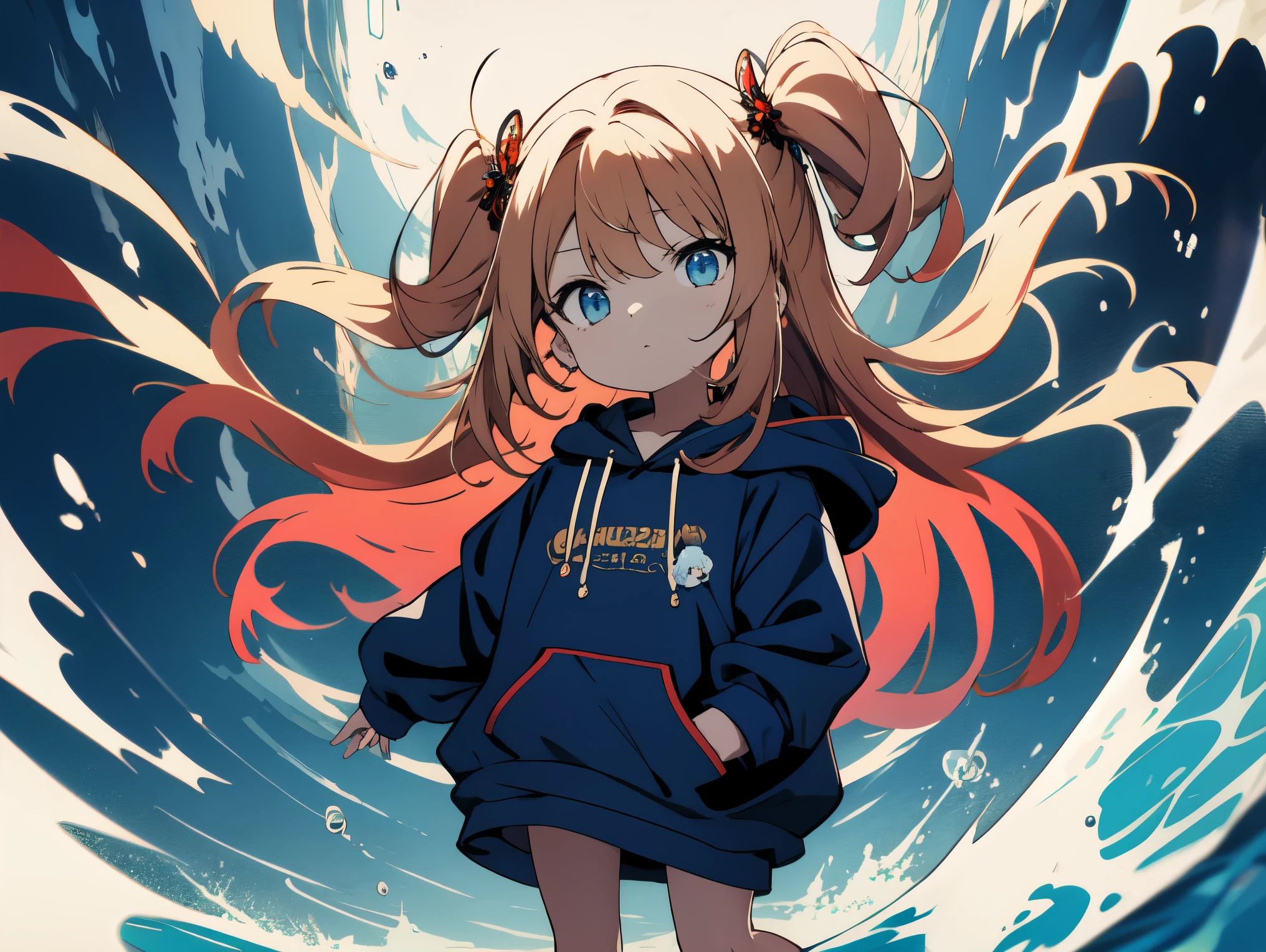 masterpiece、High quality、detailed、chibi character、SD、cute girl、bright chestnut long hair、two side up hair、blue eyes、blue long hoodie、loafers、Skipping、playing the recorder、pop background、傍にchibi characterの猫がいる、My bangs are messed up by the strong wind、strong wind all back