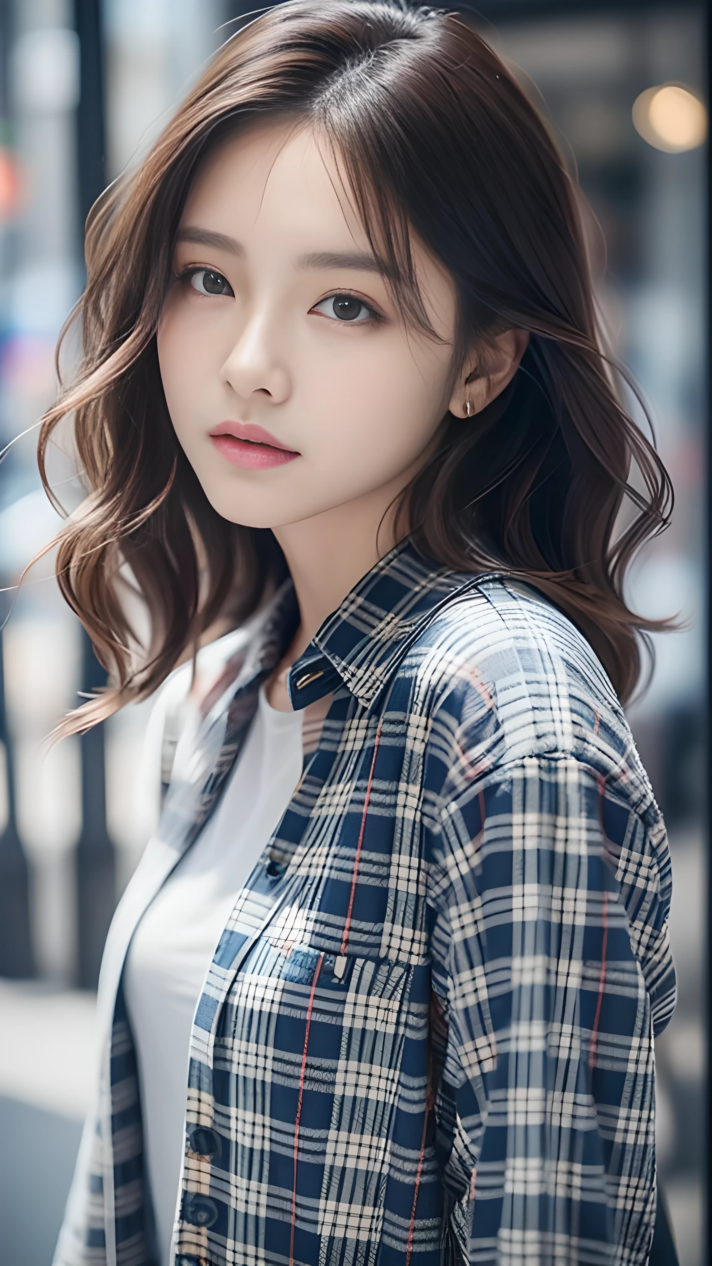 denim pants、Plaid plaid shirt、pump、detailed face、lip details、detailed eye、Glossy, glowing skin、the only person