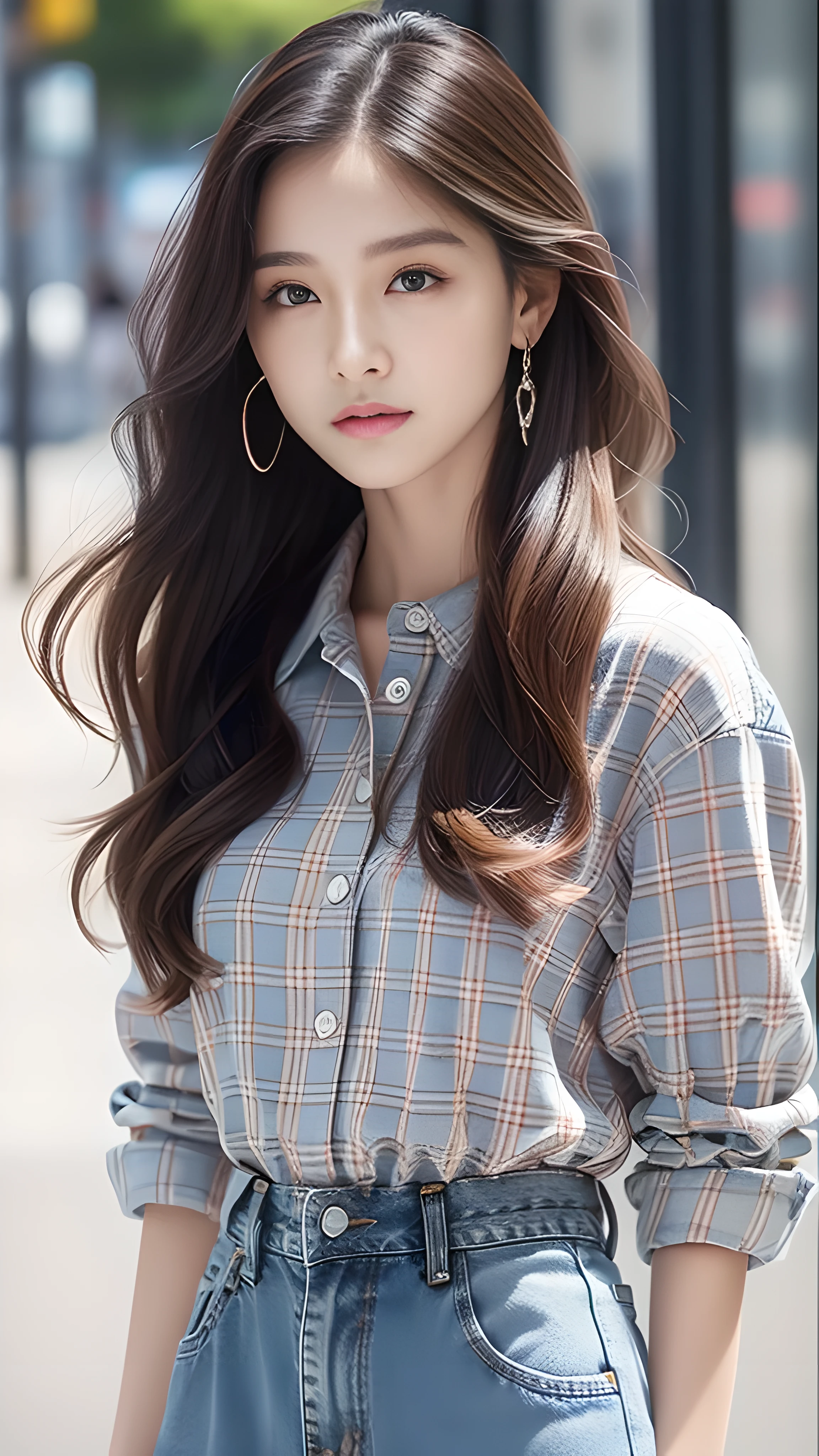 denim pants、Plaid plaid shirt、pump、detailed face、lip details、detailed eye、Glossy, glowing skin、the only person