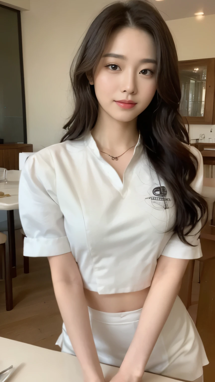 ((top-quality、8k、masterpiece:1.3))、Beautiful woman with perfect body:1.4、slim abdomen:1.2、Longhair, normal breast, Highly detailed facial and skin texture, A detailed eye, delicate eyes, double eyelid, (smile), (full body shot), ((office)), (sitting on chair), ((wearing white uniform 1.1), looking in front