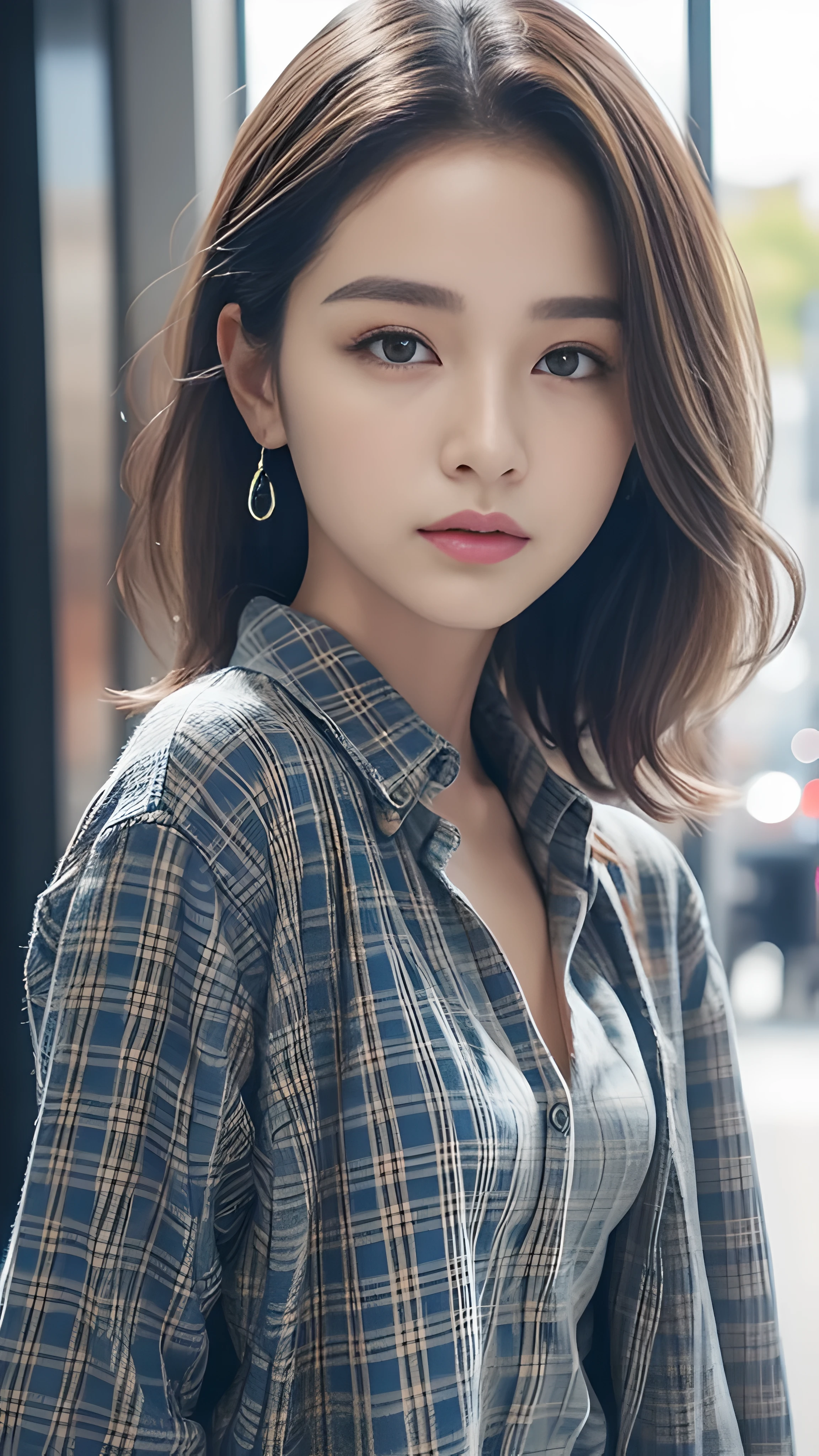 denim pants、Plaid plaid shirt、pump、detailed face、lip details、detailed eye、Glossy, glowing skin、the only person