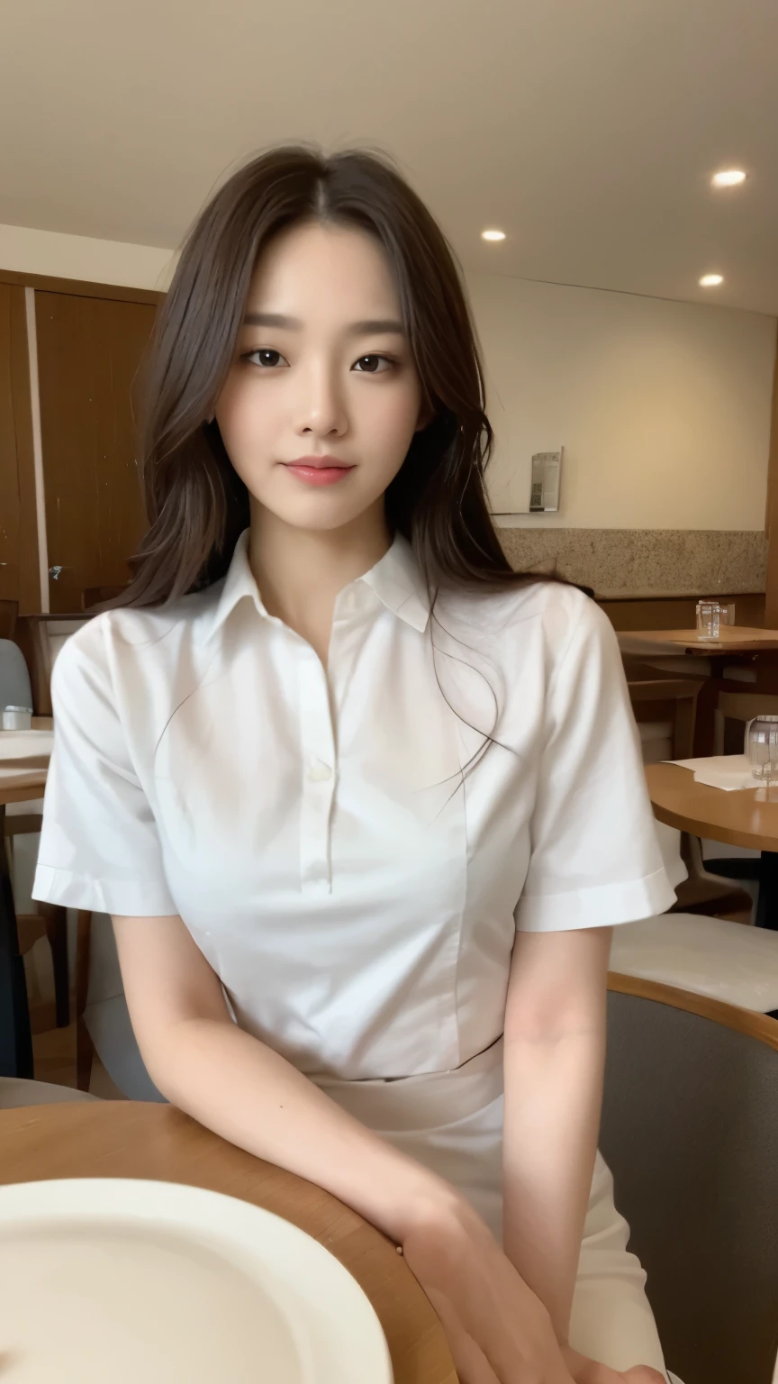 ((top-quality、8k、masterpiece:1.3))、Beautiful woman with perfect body:1.4、slim abdomen:1.2、Longhair, normal breast, Highly detailed facial and skin texture, A detailed eye, delicate eyes, double eyelid, (smile), (full body shot), ((restaurant 1.1)), (sitting on chair), (((wearing white uniform)), looking in front, (food on table)
