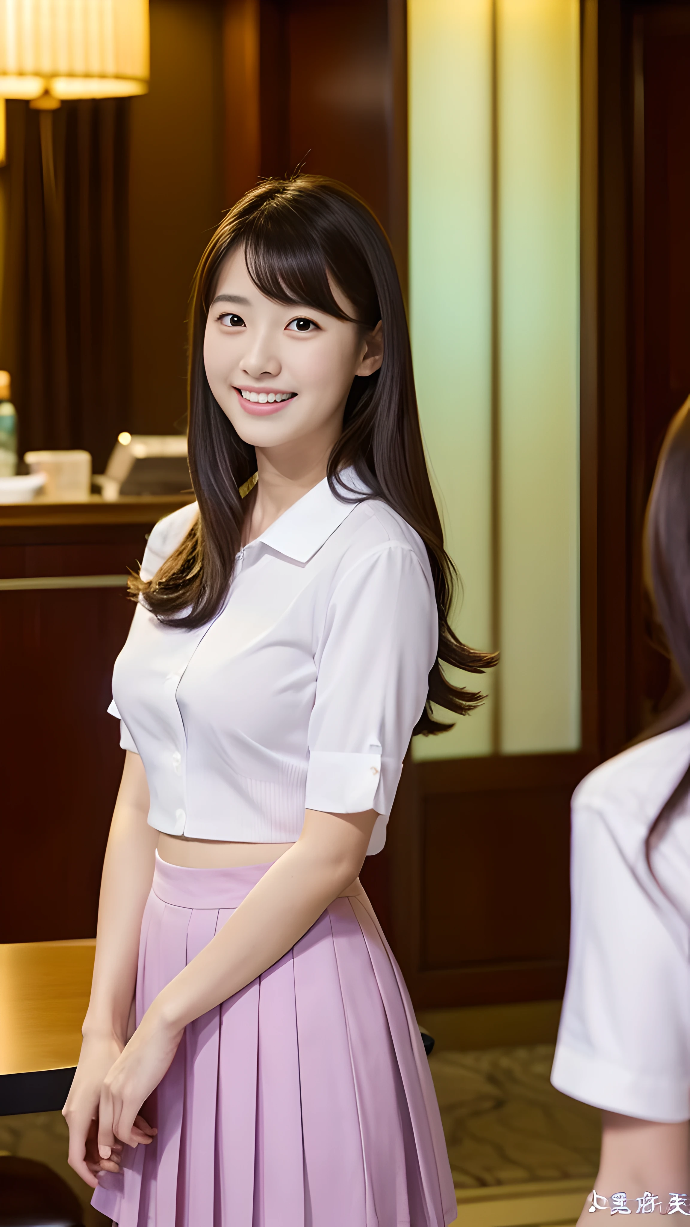 highest quality, aster piece, 8k, ultra high resolution, (Photoreal:1.4), 1 girl, beautiful features, symmetrical eyes, thin japanese woman, 30 years old, small breasts, thin waist, high school uniform, look at the audience, (Inside the hotel:1.2), View from the front, shoulder, Absolute area(1.3), laughter,