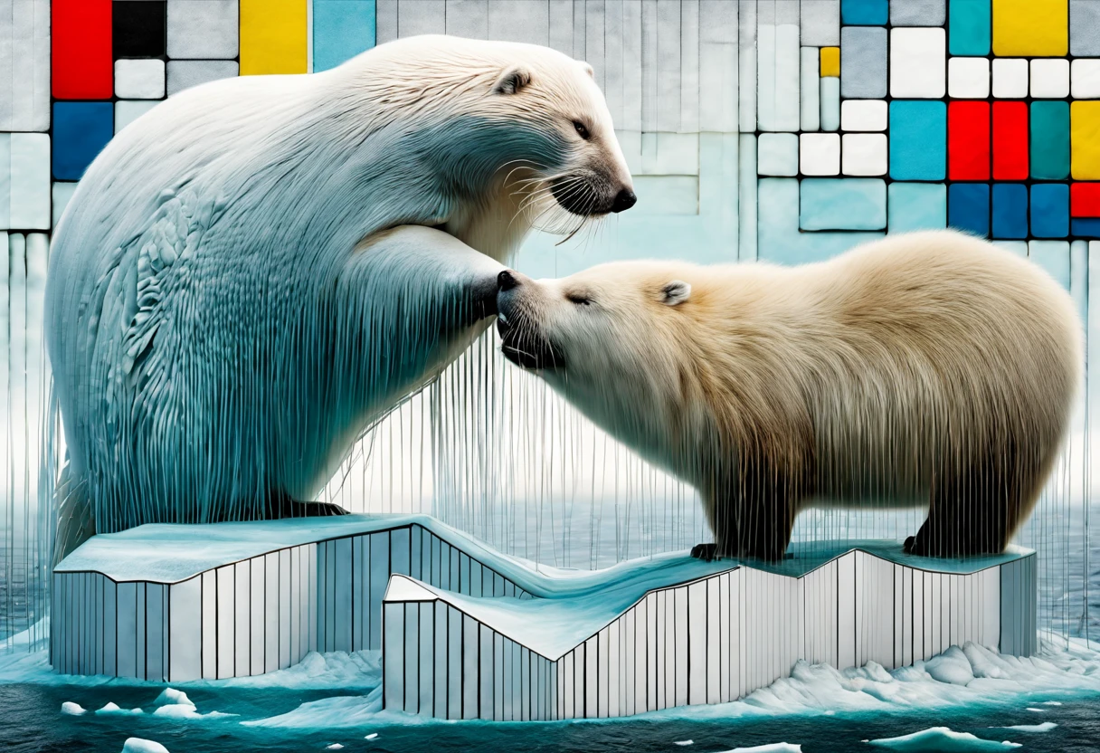 Envision a dynamic 3D-generated masterpiece seamlessly amalgamating Piet Mondrian and Frida Kahlo's artistic signatures, depicting an epic battle between an Arctic fox and a walrus. Picture Mondrian's iconic geometric grids pulsating with the frosty, cool hues of the Arctic. Within this structured chaos, Kahlo's emotive touch introduces a fierce Arctic fox and a majestic walrus engaged in a symbolic struggle. Bold colors, reminiscent of Kahlo's palette, intertwine with the rigid lines of Mondrian, creating a visual narrative that captures the primal clash of two formidable Arctic creatures. This unique artwork not only celebrates the beauty of wildlife but also showcases the power of artistic fusion, melding abstraction and emotion into a riveting portrayal of the Arctic's untamed spirit.