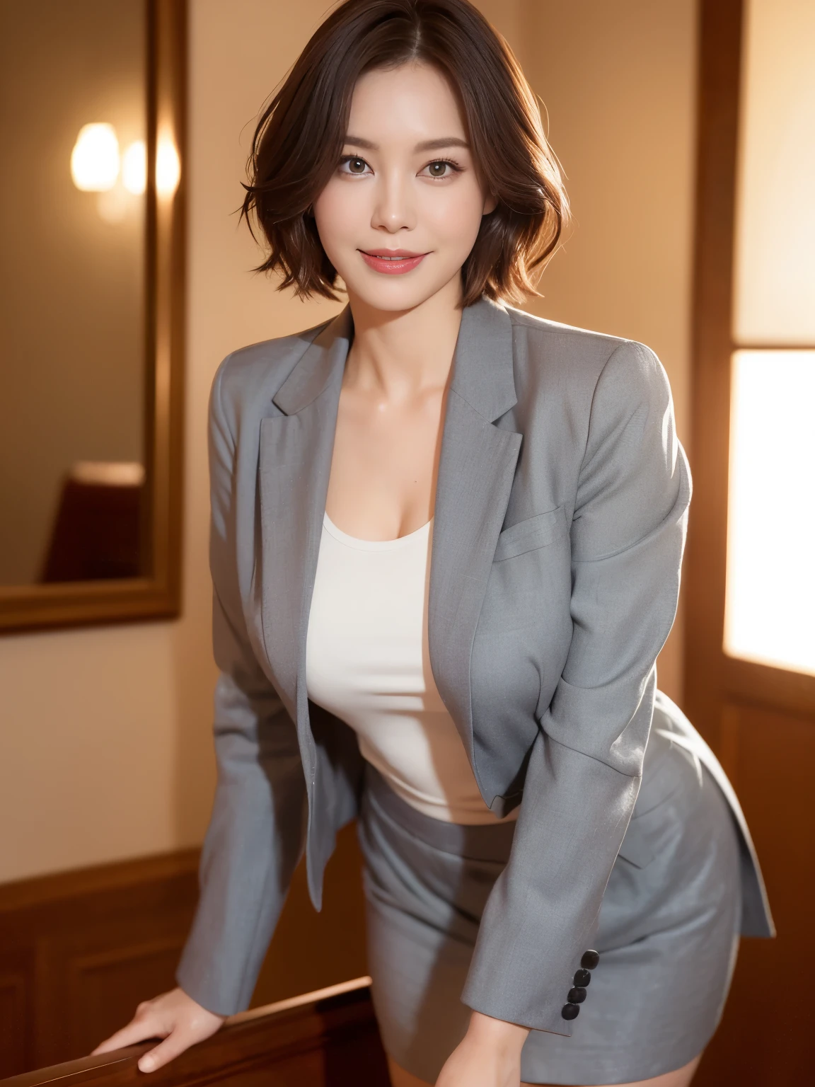 masterpiece,highest quality, (1 milf、42 years old), ((close:0.5)), ((Cross Arm)), glare, gray blazer, white shirt, double eyelid, eyelash, lip gloss, (smile:1), ((close your eyes:0.85)), ((looking at the viewer、The whole body is reflected、Are standing)), to be born, (From above:0.2), ((no one)), （office）、（knee length、knee high boots）、Depth of written boundary、尖ったred mouth、(reddish brown wet shiny short hair,,,,,,,,,),red mouth,clavicle、full body portrait、digital illustration, (Photoreal:1.3),(RAW photo.)