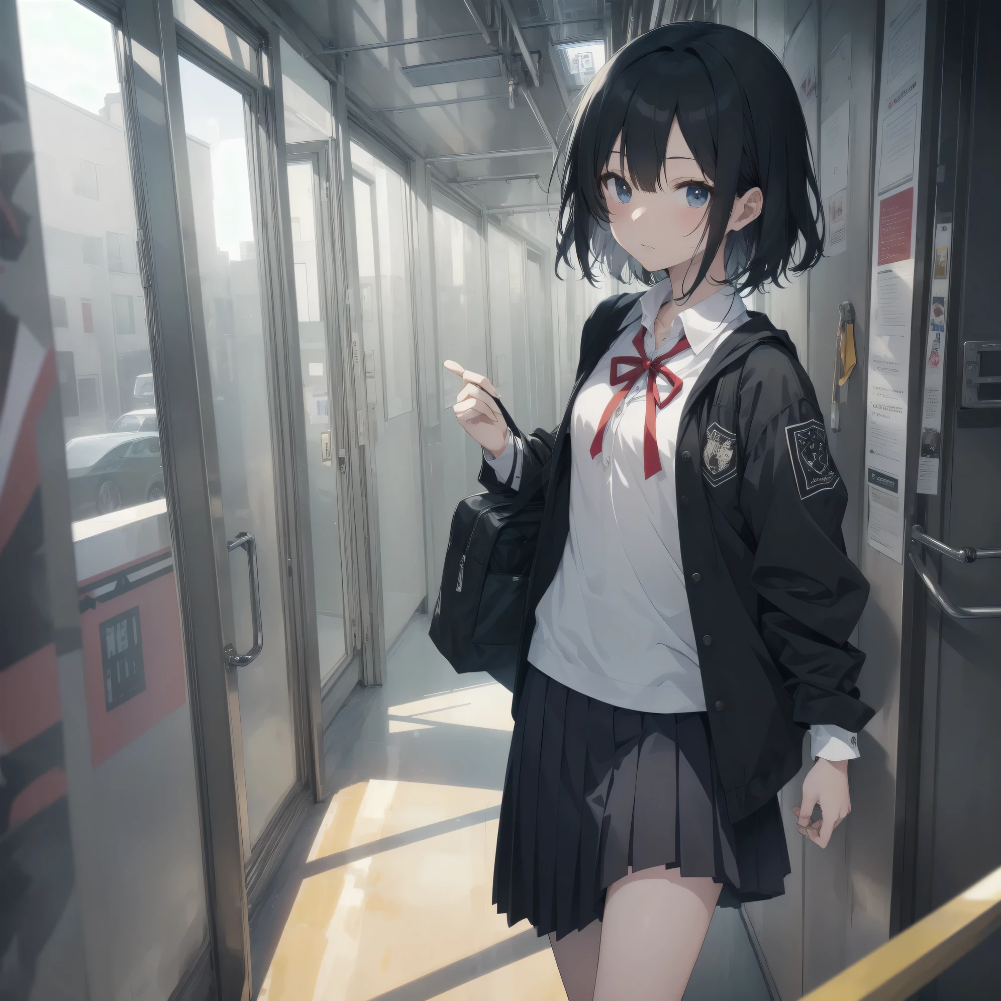 Super absurd quality by the god of art, super detailed, High resolution, anime moe art style, Best Anime 8K Kona-chan Wallpaper, pixiv contest winner, perfect anatomy, break,(眠そうにalone学校へ行く女の子を描いてください. )break,1 girl, (alone,little woman, baby face, :1.3),All limbs, full finger,, The charm of an immature body, (very short hair), bangs, flat chest, Small Bodysuits, small ass, between legs, small black eyes, detailed and beautiful eyes, Well-proportioned iris and pupils, expressive eyes, sleepy eyes, High resolutionの詳細な髪, hair grip, neck ribbon, skirt, collared shirt, pleated skirt, school uniform, school bag,(detailed lighting), (detailed background), On the way to school. break,super dense skin, Best movie lighting by famous artists, 8k,cute illustration,photoshop_(Moderate),Absurd Hi-Res,Hmm,rough skin