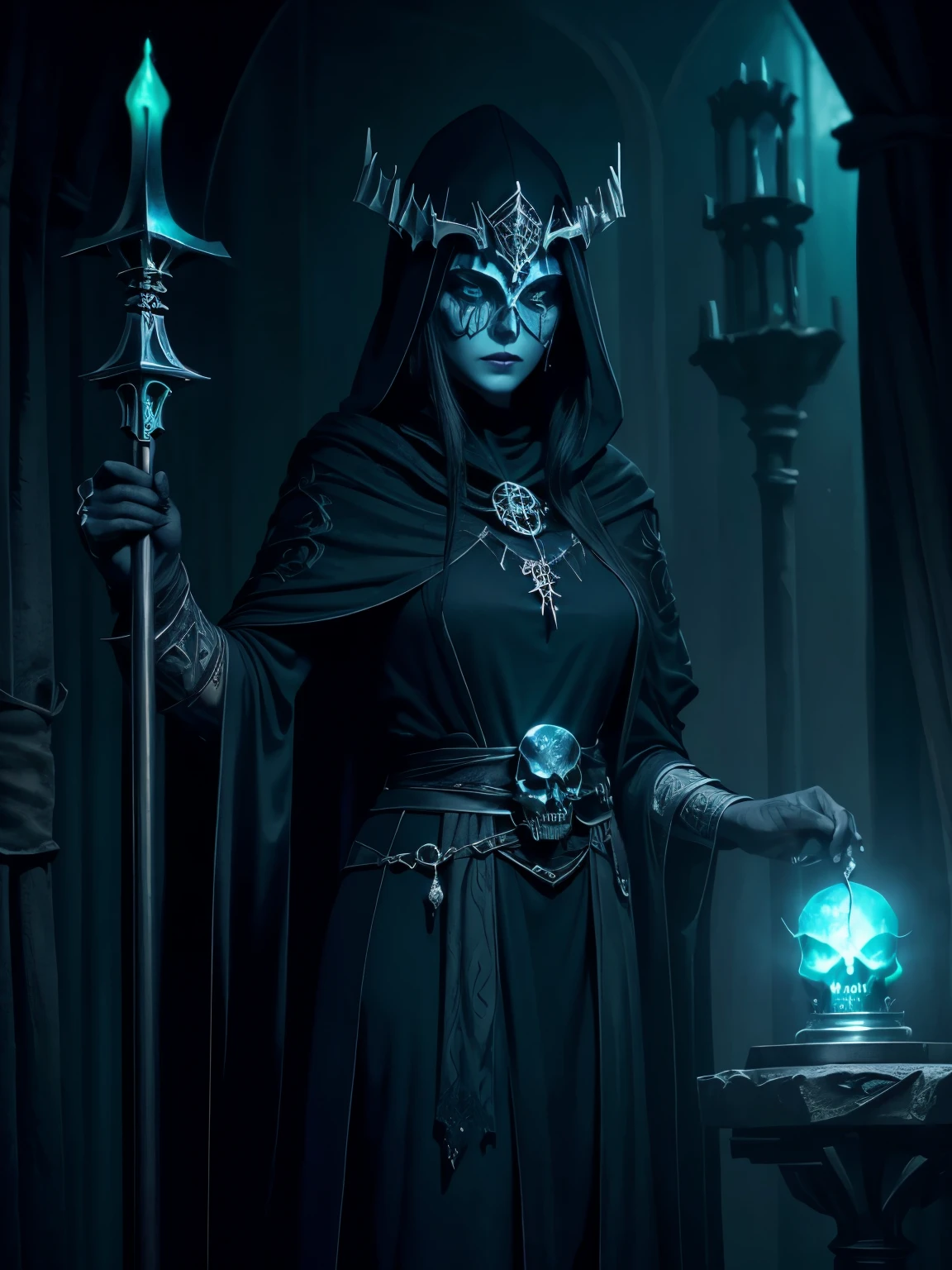 Dark sorceress in a dark blue robe with silver runes, half skull mask, magic dagger, dark skelletschemes in the background that glow green, incantation, tower room