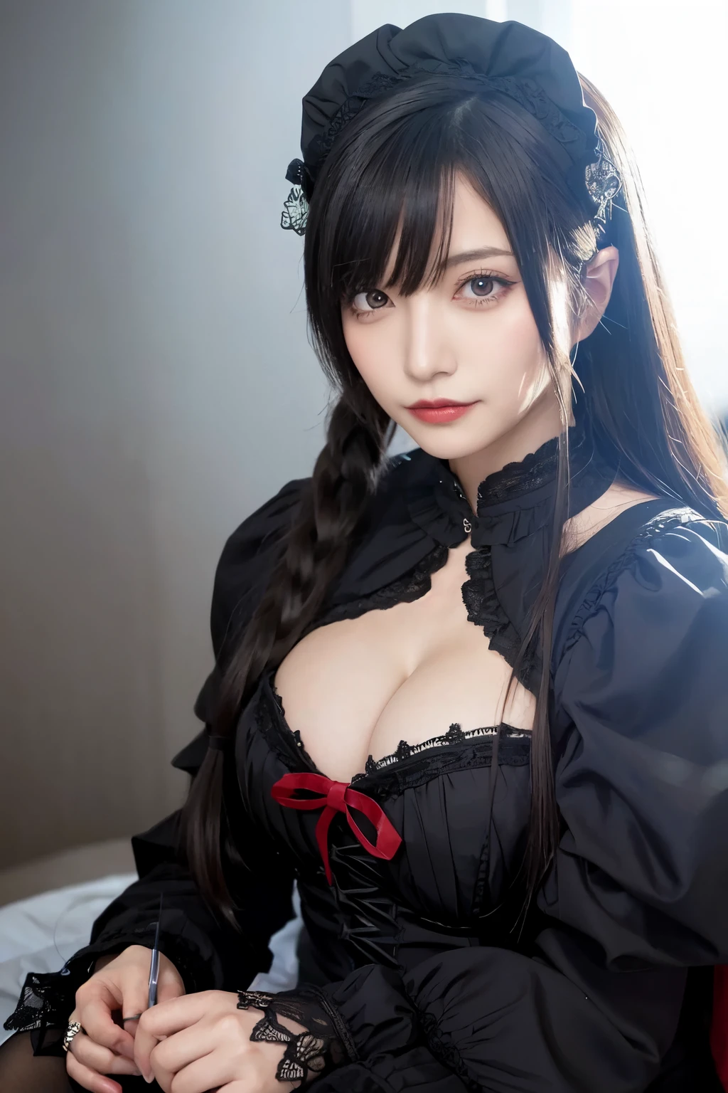 absurderes, masutepiece, Best Quality, nffsw, 1girl in, Mature Woman, (Sharp Focus), Villain's smile, medium breasts, (Hair on long black background), (grey eyes), (Detailed eyes), Gothic lace costumes, Black and Red theme, Realism, Black_castle, Ultra-detailed, Vivid, Intricate details, Photorealistic