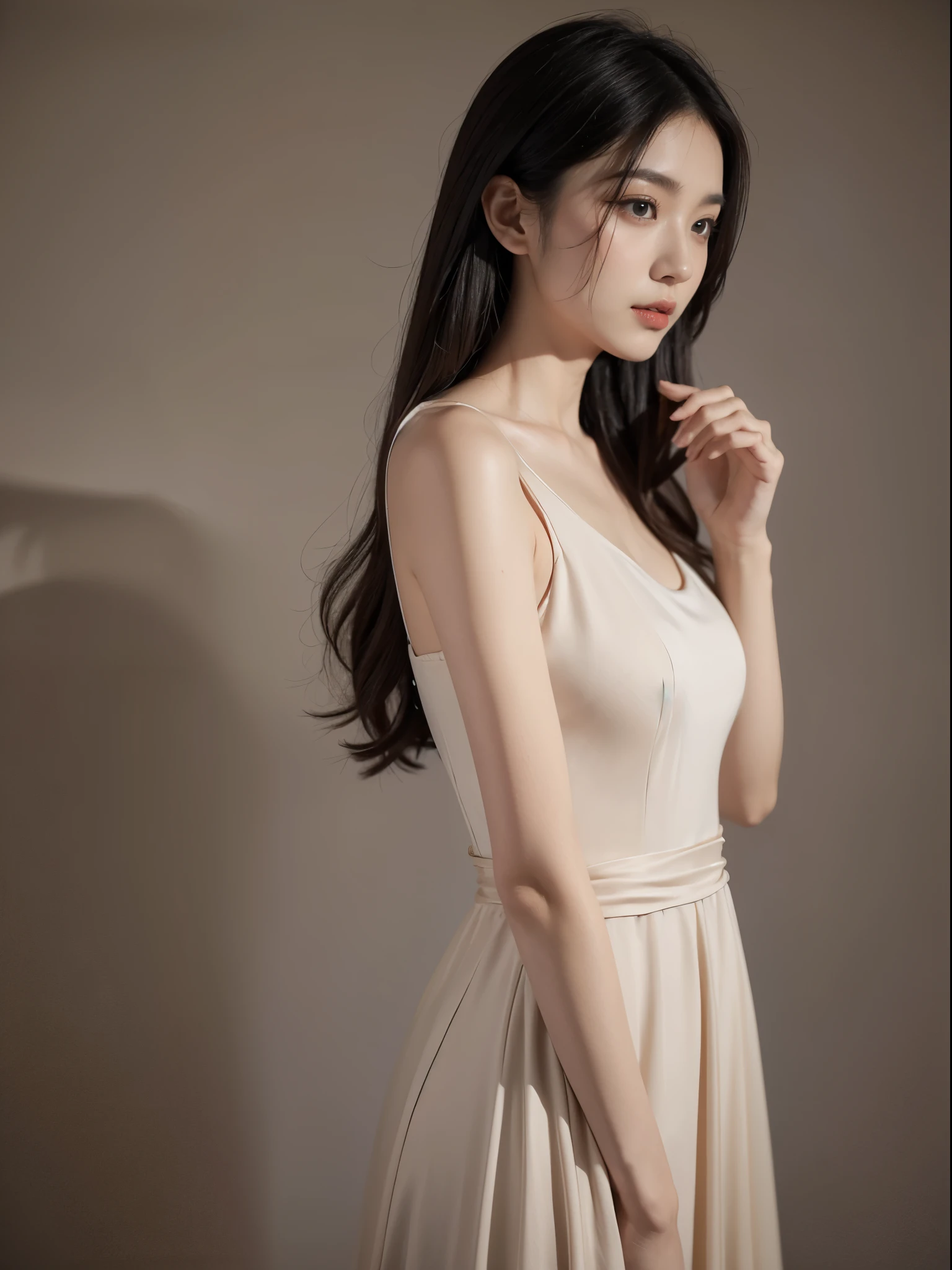 Chinese girl wearing light beige low-cut dress,Pure dark gray background,good body,exquisite facial features,Very temperamental,Silky long dress