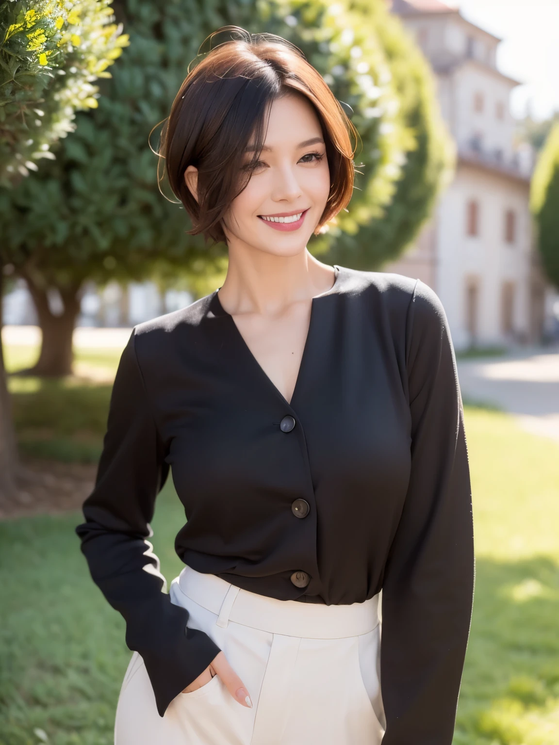 （38 years old), （black wool jacket）,（white wool pants）、（white ruffle blouse）, double eyelid, eyelash, Red lip gloss, (smile:1), ((close your eyes:0.85)), (looking at the viewer、Are standing), (From above:0.2)、尖ったred mouth、(reddish brown wet shiny short hair),red mouth,clavicle、 (Photoreal:1.3),(RAW photo）,(woman standing in front of an old castle, Beautiful lawn, squirt, Bright sunshine in the city of Modena, Italy) , 8k, Super detailed, highest quality, rough skin, anatomically correct, masterpiece , highest quality, cinematic lighting, Use perspective throughout , surrealism , ,(realistic:1. 3),(RAW photo) , black hair, light smile, short hair, bob cut, anaglyph, stereogram, (mature woman:1), (38 years old), ((close:0.5)), glare, double eyelids, lip gloss, (smile:1), ((close your eyes:0.85)), red mouth, clavicle, ((looking at the viewer)), (short hair of reddish-brown color wet and shiny,), (I can see the whole body) , Slightly thick body type , wide eyed , perfectly round eyes , fine texture