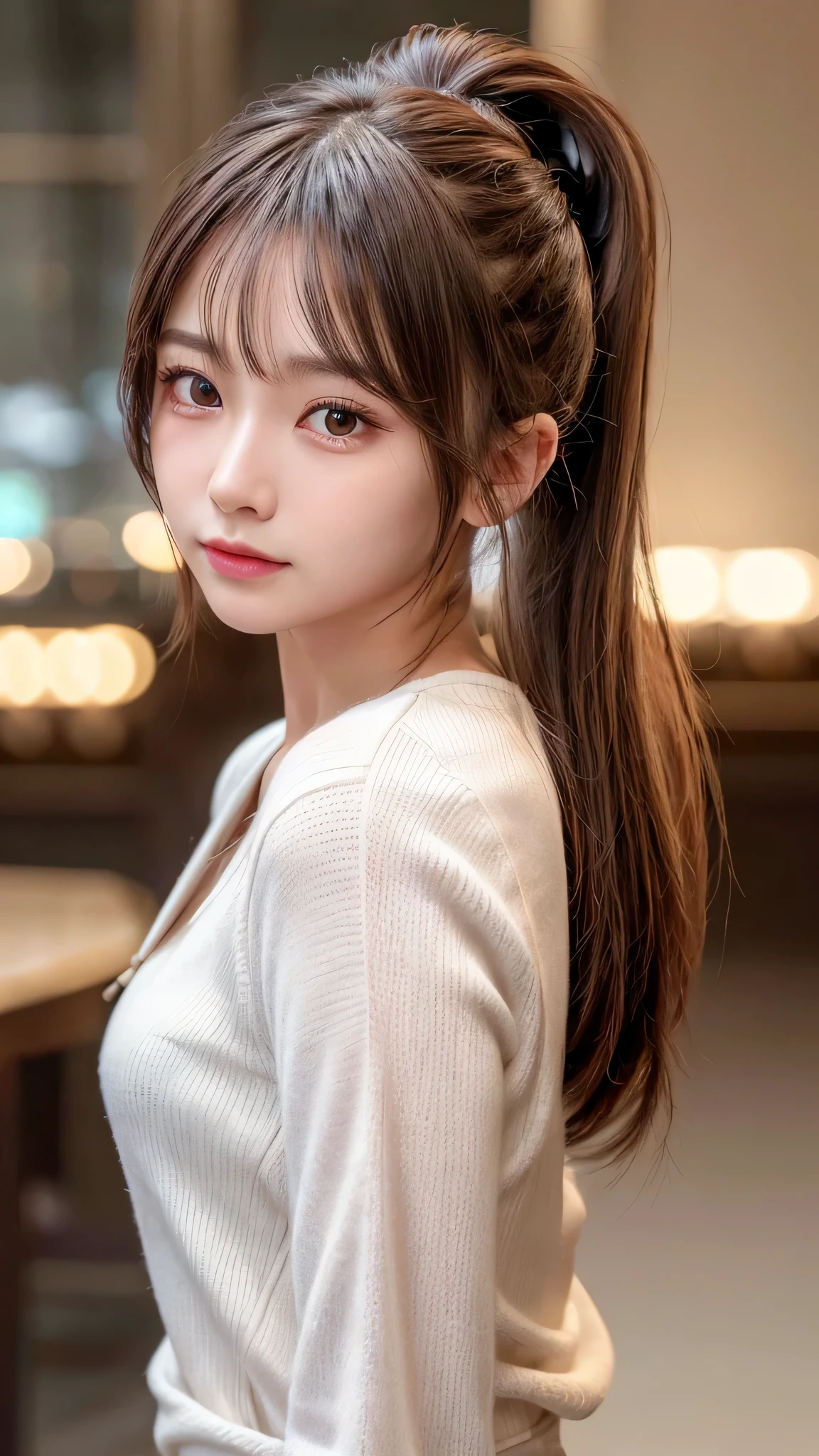 blush,,small breasts,winter,european cityscape,night,long hair ponytail,outdoors,warm winter clothes,wearing a hoodie with a hood,close up of face,((8K, Raw photo, best quality, muste piece:1.2), (Reality, photorealistic:1.4), (Highly detailed 8K wallpaper), Depth of the bounds written, cinematic lighting, soft light, detailed beauty eye,Shiny and smooth light brown ponytail, asymmetrical bangs, shiny skin, super detailed skin ,high resolution, high detail, detailed hairstyle, detailed beauty face, hyper real, perfect limbs, perfect anatomy ,1 Japanese girl,famous japanese idol, perfect female body,shy smile,short eyelashes,double-edged eyelids,look straight here,Hair style is ponytail,