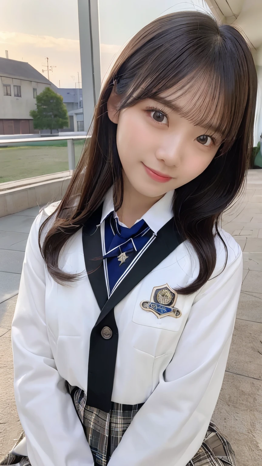 (Top Quality,8K Quality,Masterpiece:1.3),(Ultra High Resolution,Photorealistic:1.4,RAW Photo),(Ultra Detailed,Caustics,Detailed Background),(Ultra Realistic Capture,Fine Beautiful Skin,Perfect Anatomy),At Sunset,Sunset Sky,School Building,Schoolyard,18 Years Old,Cute,Single Eyelid, black short bob,school blazer uniform,look at camera,laugh,bust up shot,natural soft light,