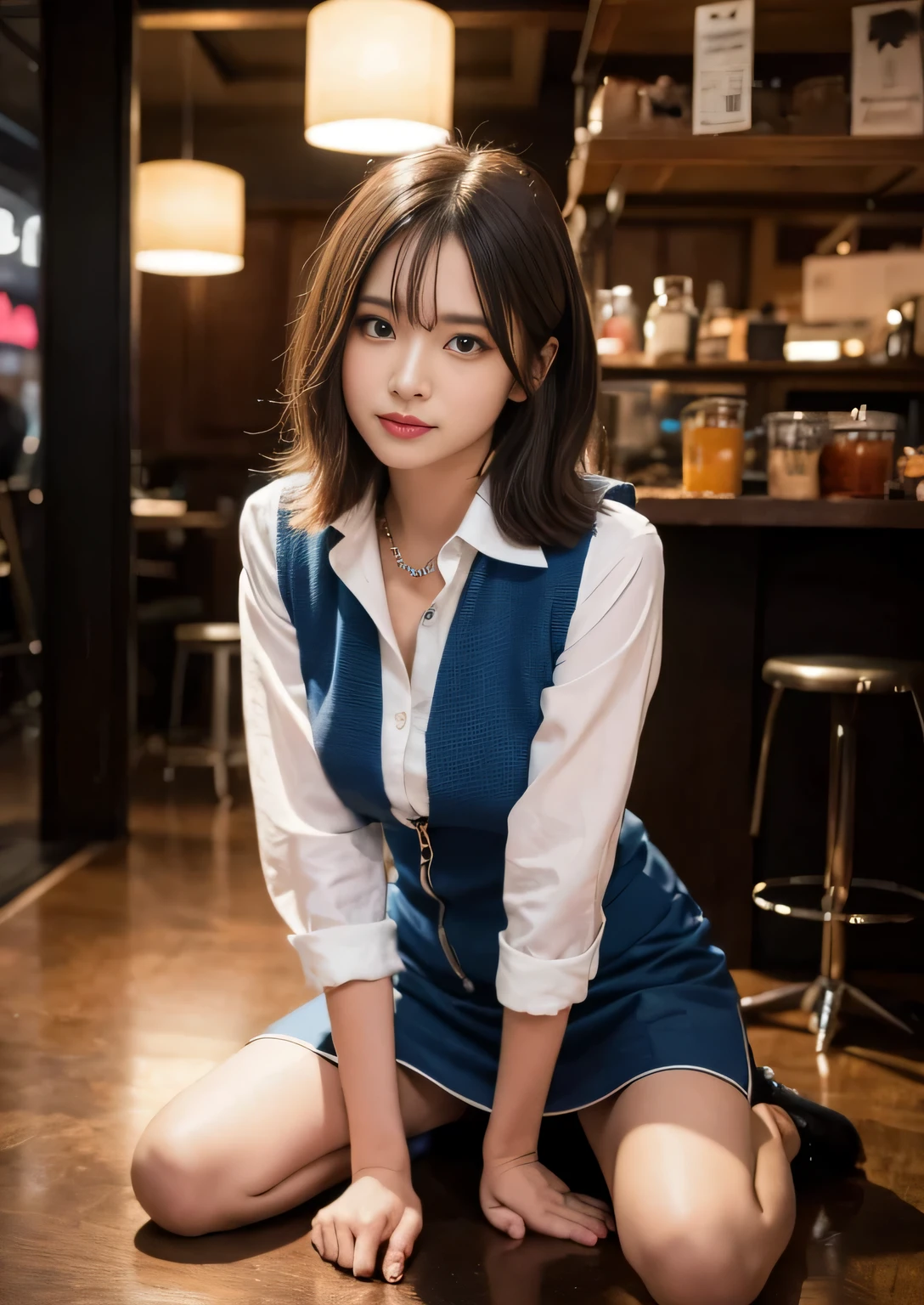 (((medium hair))), highest quality, 8k, HDR, High resolution, confused: 1.2, photograph, (RAWphotograph: 1.2), (realistic: 1.4), (masterpiece: 1.3), (intricate details: 1.2), 1 girl, 一人in, japanese girl, Delicine and beautiful details, (fine eyes), (Detailed facial feinures), , (small breasts))), firm skin, ( looking for_in_viewer), from_front, (skinny), (highest quality: 1.4), (ultra High resolution: 1.2), cinema light, (Extreme Detail Illustrinion), (lip gloss, highest quality, ultra High resolution, written boundary depth, caustics, wide range lighting, Ninural Shading, 85mm, f / 1.4, ISO200, 1/160 seconds: 0.75), 1 girl, 一人in, ((Blue Vest))) smile, uniform, necklace, stylish cafe: 1.3, black nein and clean clothes, Nogizaka Idol, idol sculpture, beauty