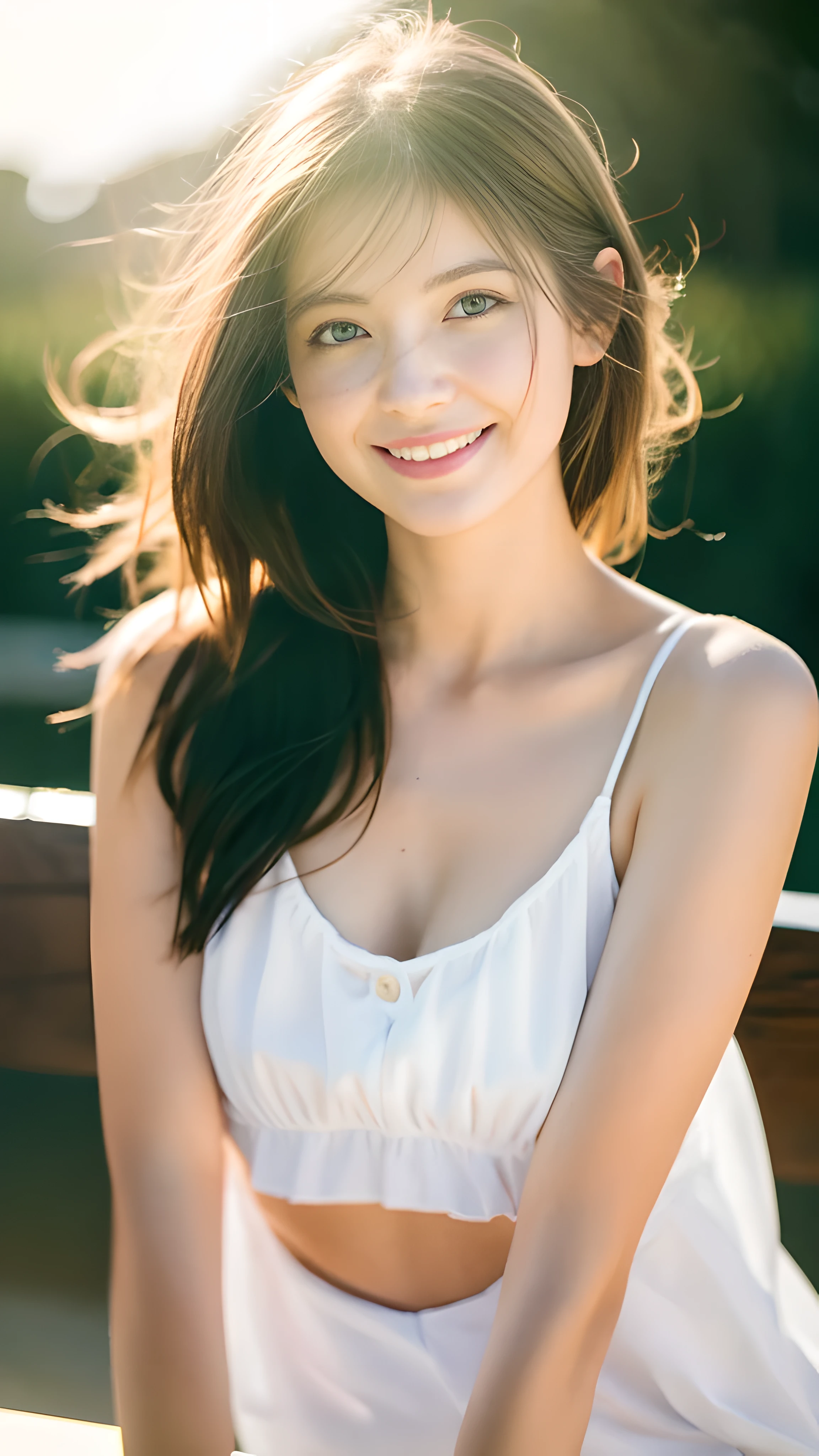 table top, highest quality, 8k, 20th generation, medium breasts, RAW photo, professional photography, portrait, soft light, professional lighting, Backlight, alone, smile, close, cute, Girly, delicate girl, pure beauty, Upper body, avert your eyes, Sophisticated, film grain, (Eye and face details:1.0), Medium hair swaying in the wind,