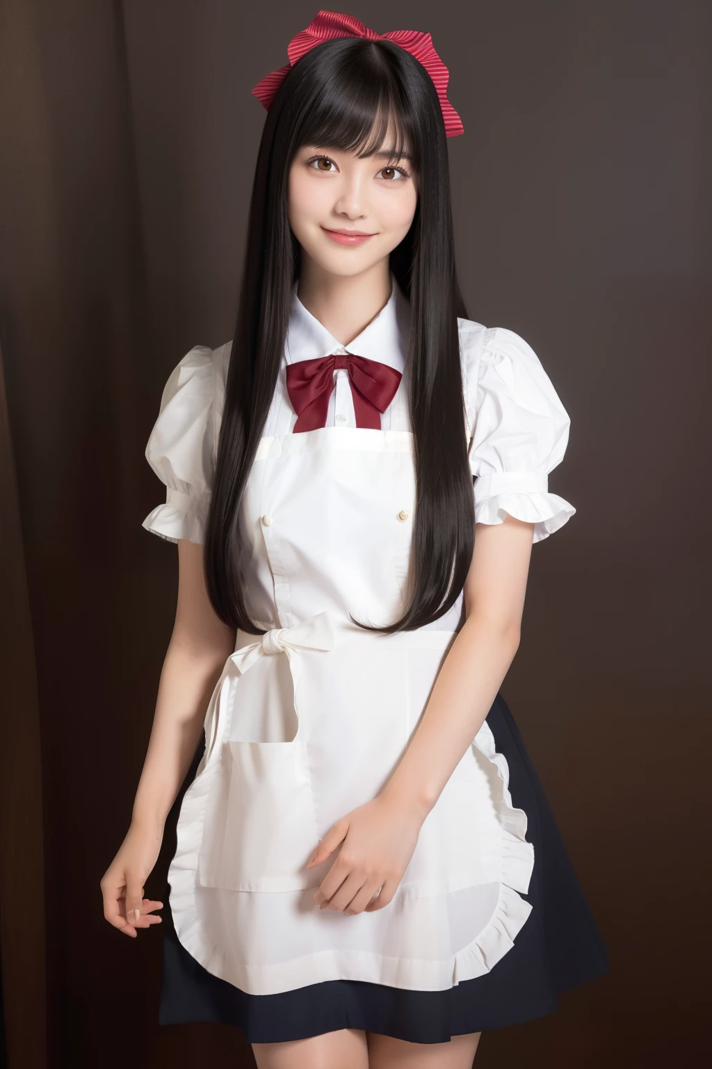 best quality, quality, masterpiece, photorealistic, 1girl, solo, standing, long black hair, straight hair, blunt bangs, looking at viewer, smile, cowboy shot, cyb dress, bow, apron, frills, puffy short sleeves, hair ornament,v,simple background, 