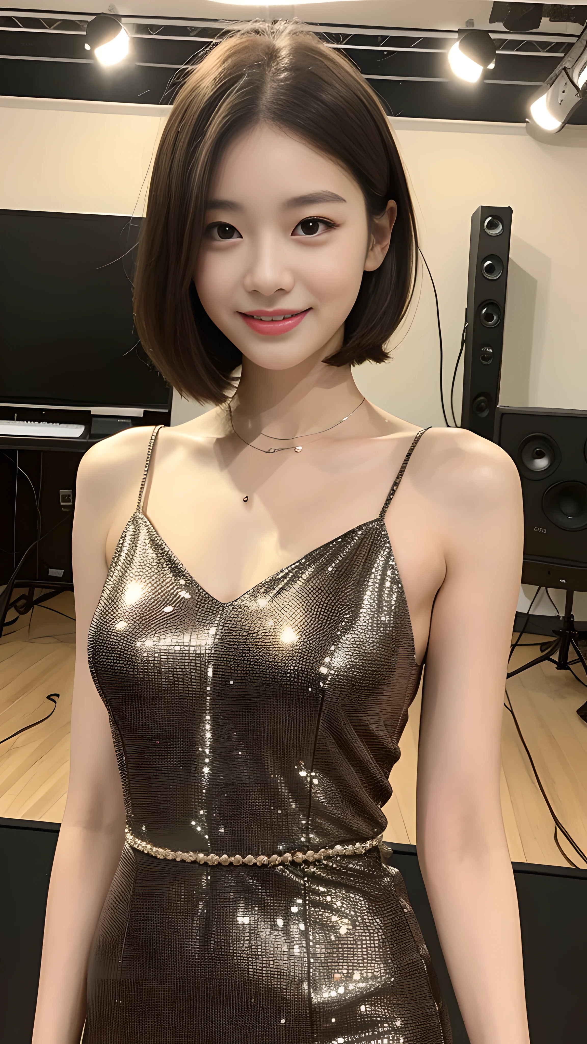 ((realistic lighting, highest quality, 8k, masterpiece: 1.3)), clear focus: 1.2, 1 girl, perfect body beauty: 1.4, ((dark brown hair, short hair)), (luxurious dress: 1.4), (In the live room: 1.8), super detailed face, fine eyes, smile