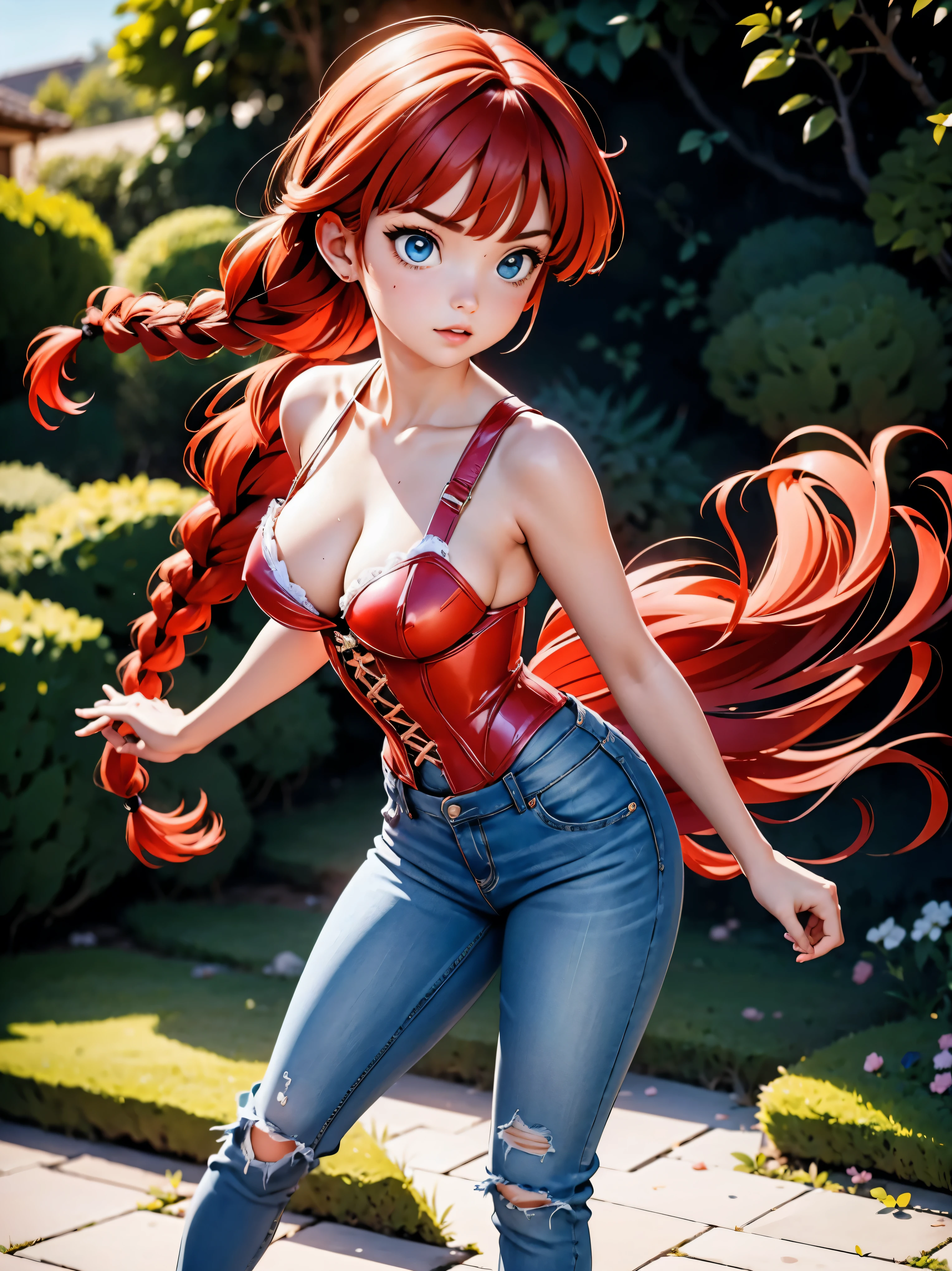 Garota Ruiva de anime em bermuda jeans e corset pink, saia, , corpo bonito, seios grandes, com as hands on chest, hands on chest, Garota sexy, red hair with braid, mechas de cabelo laterais, mechas de cabelo na lateral do rosto, beautiful lighting, sombras suaves, olhos azuis, pernas bonitas, hair with braid, estilo anime, Ranma Chan, Autora Rumiko Takahashi, Baseado em obra de Rumiko Takahashi, Anime Ranma 1/ 2, decote sexy, quadril robusto, corpo inteiro, corpo inteiro, busto grande, garota jovem com corpo belo e bonito, sandals on his feet, garota 16 anosbaixa estatura, vestindo short jeans e corset pink, garota anime, estilo anime, beautiful feet in sandals, 45° viewing angle, ao ar livre, red hair braid, grande , peito grande