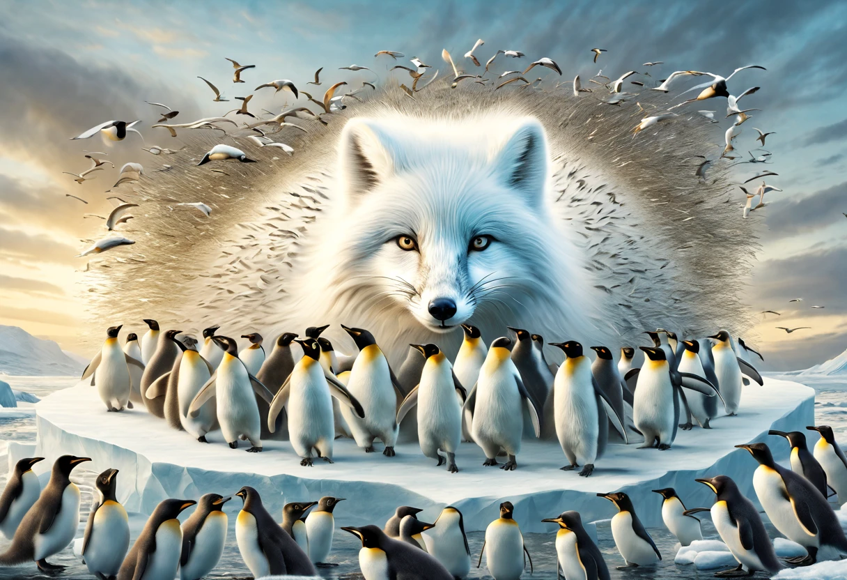 Imagine a dynamic 3D-generated masterpiece seamlessly blending the styles of John James Audubon and Isaac Julien Arts, depicting an exhilarating battle between an Arctic fox and a swarm of penguins. Picture Audubon's meticulous attention to detail and realistic depictions of wildlife, capturing the essence of the Arctic landscape. Within this naturalistic setting, infused with Julien Arts' contemporary dynamism, envision a fierce encounter where the agile Arctic fox confronts a lively group of penguins. The fusion of Audubon's precision and Julien Arts' emphasis on movement creates a visually striking narrative, bringing to life the intensity of the Arctic struggle between two iconic creatures. This unique artwork celebrates the raw beauty of nature through a harmonious blend of classic realism and modern dynamism.