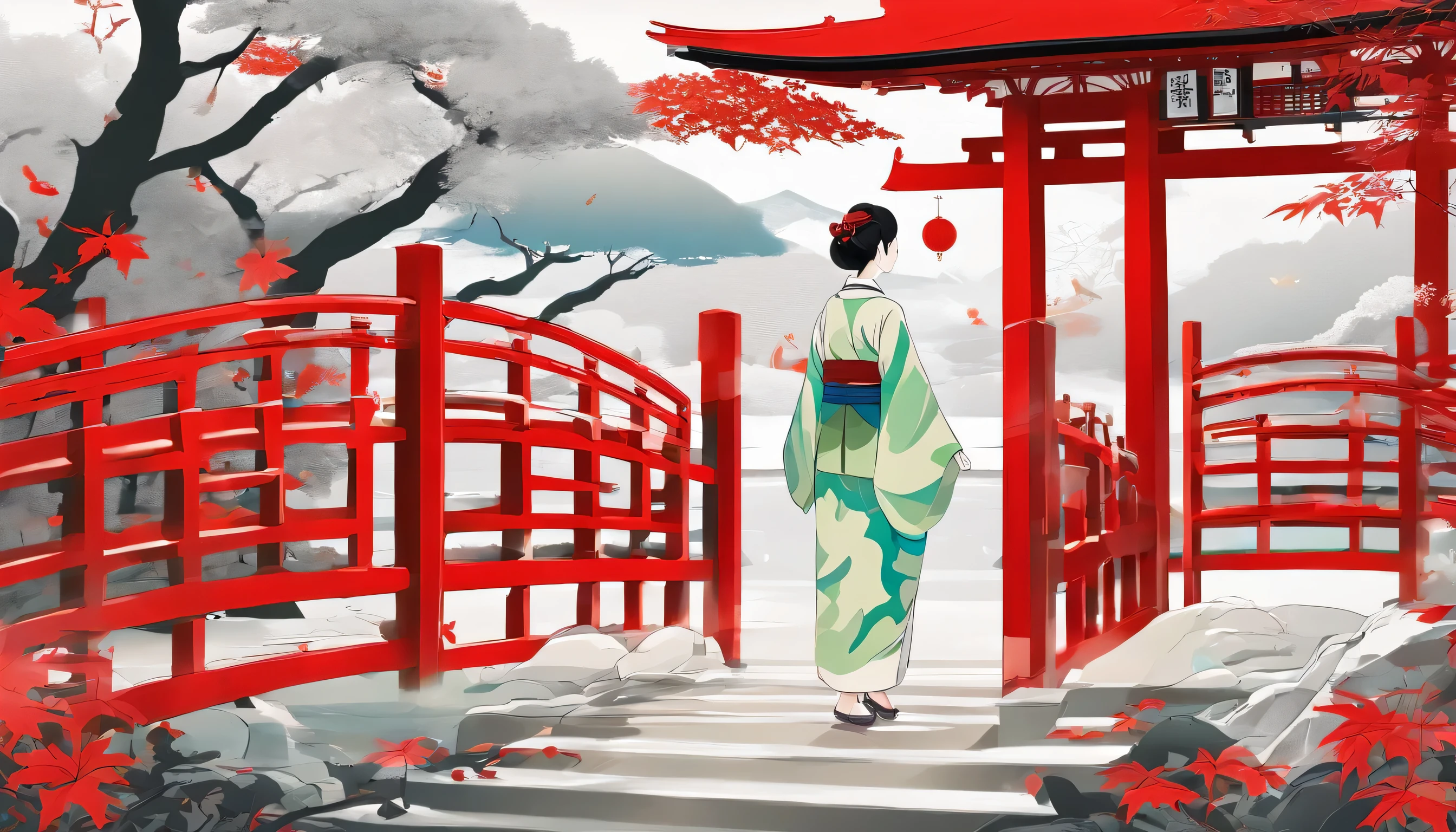Inside the maple leaves、Landscape with vermilion torii gate、noon、white deer in the distance、woman wearing kimono